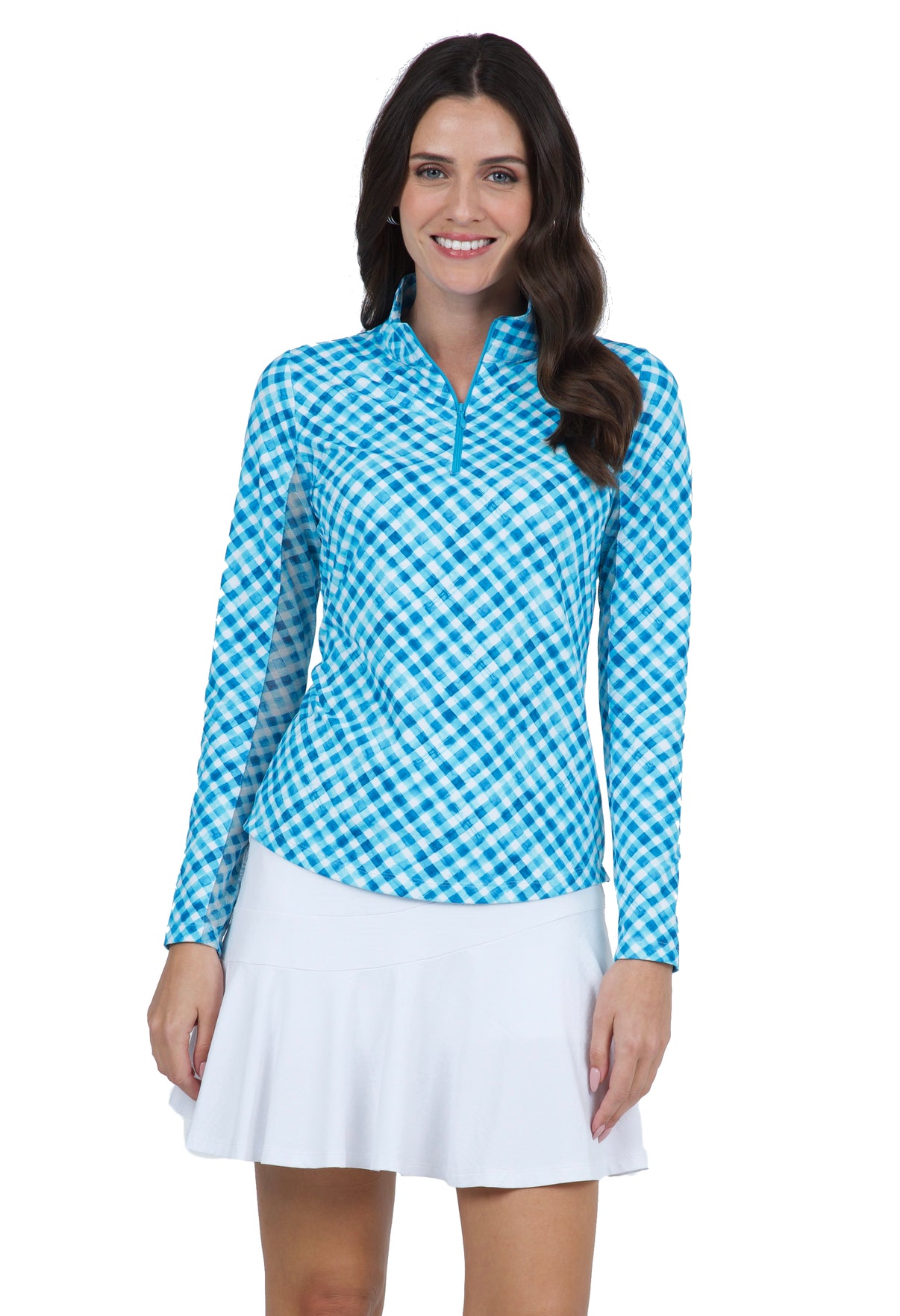 IBKÜL - Gingham Check Print Long Sleeve Mock Neck Top – 10876 - Color: Turq/White