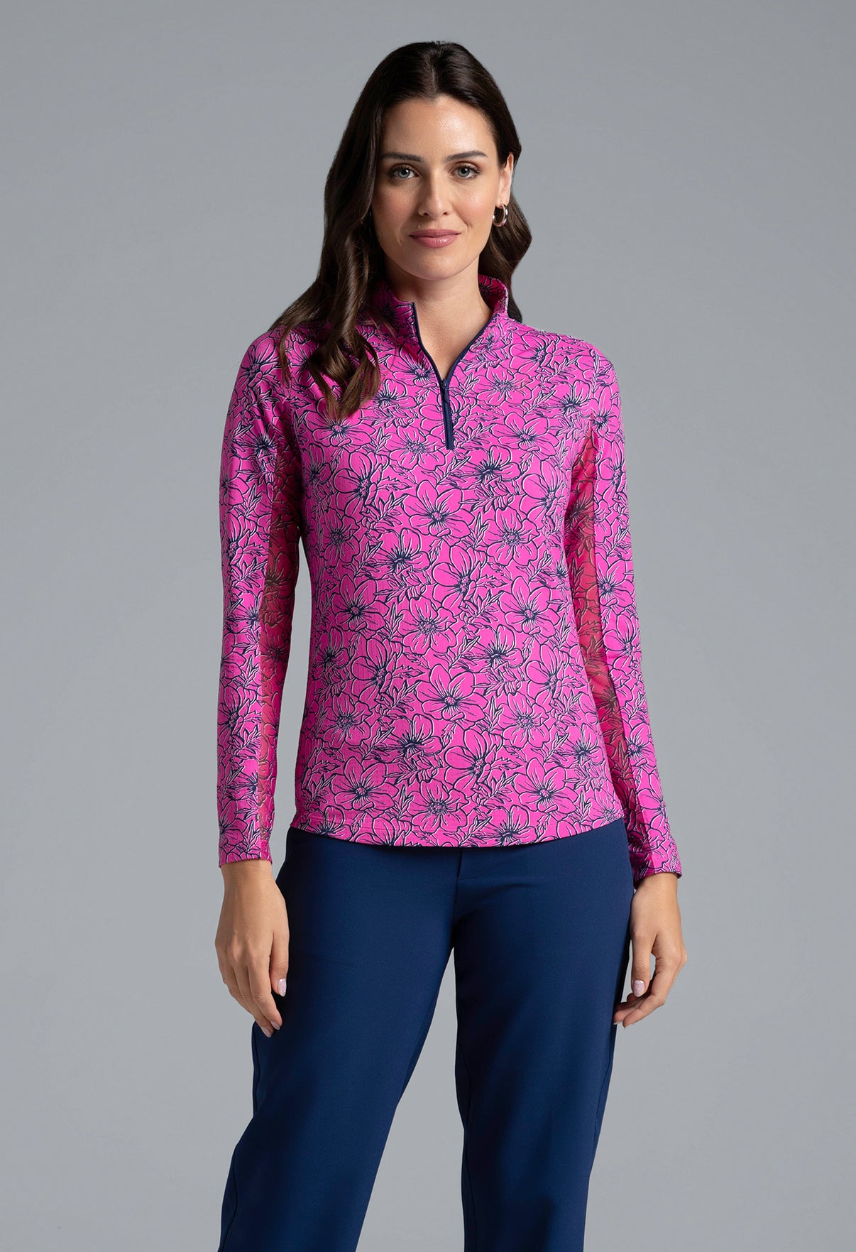 IBKÜL - Diana Print Long Sleeve Mock Neck Top – 10930 - Color: Hot Pink/Navy