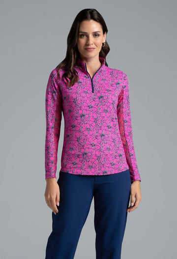 IBKÜL - Diana Print Long Sleeve Mock Neck Top – 10930 - Color: Hot Pink/Navy