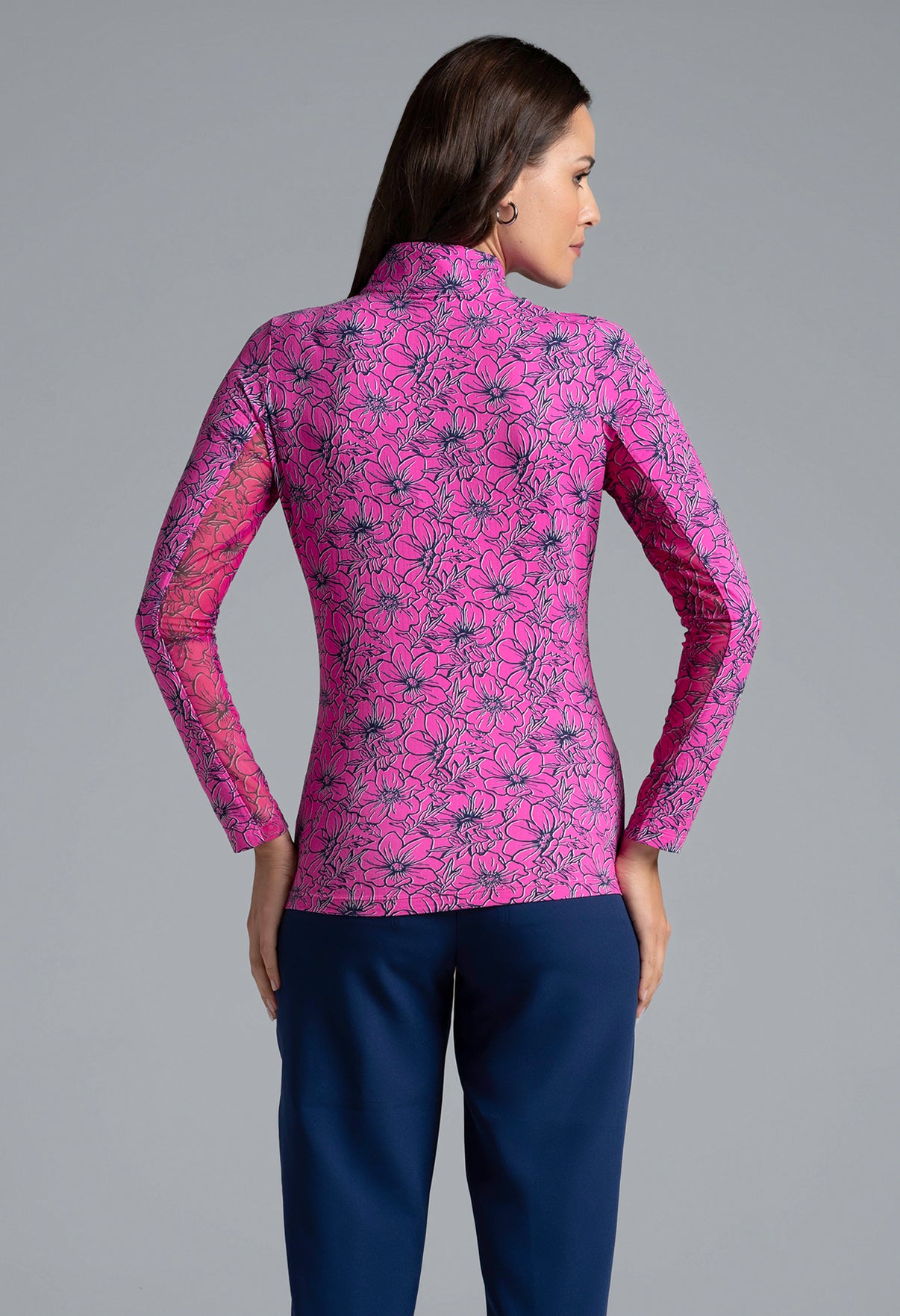 IBKÜL - Diana Print Long Sleeve Mock Neck Top – 10930 - Color: Hot Pink/Navy