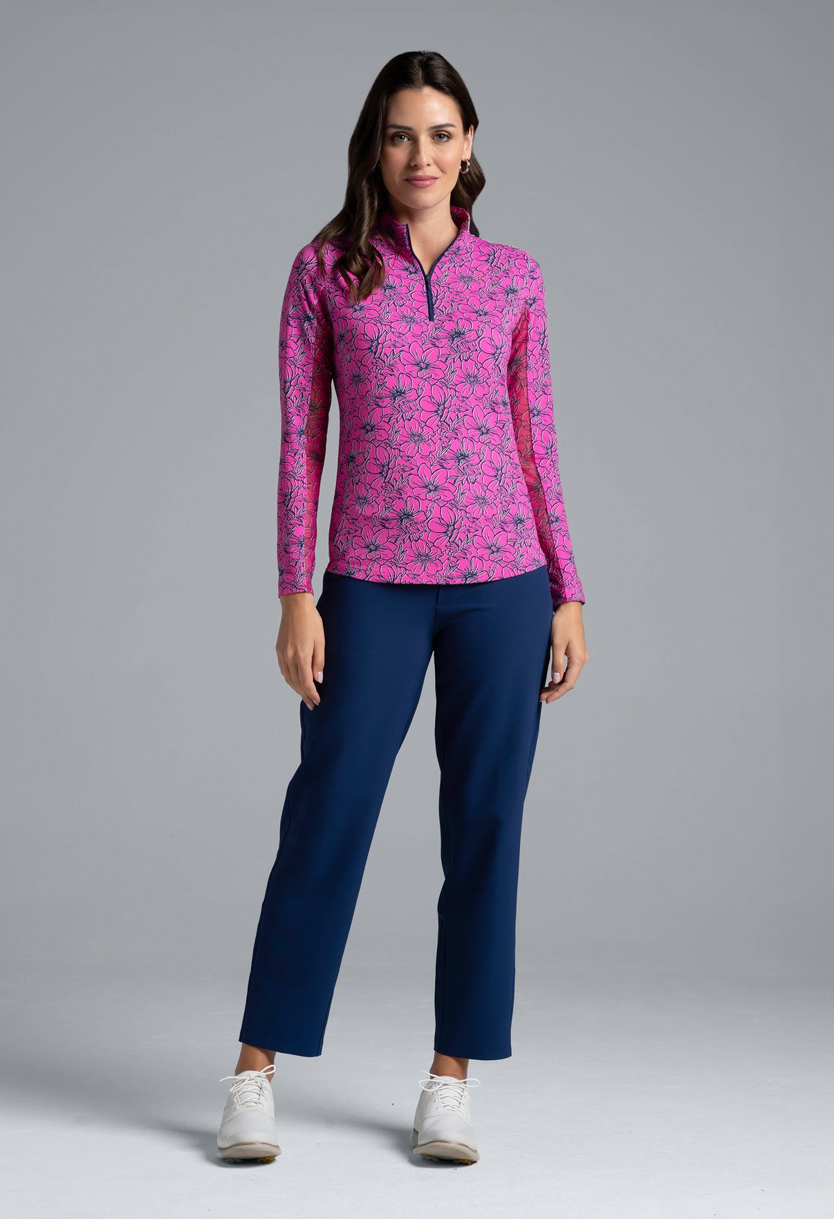 IBKÜL - Diana Print Long Sleeve Mock Neck Top – 10930 - Color: Hot Pink/Navy