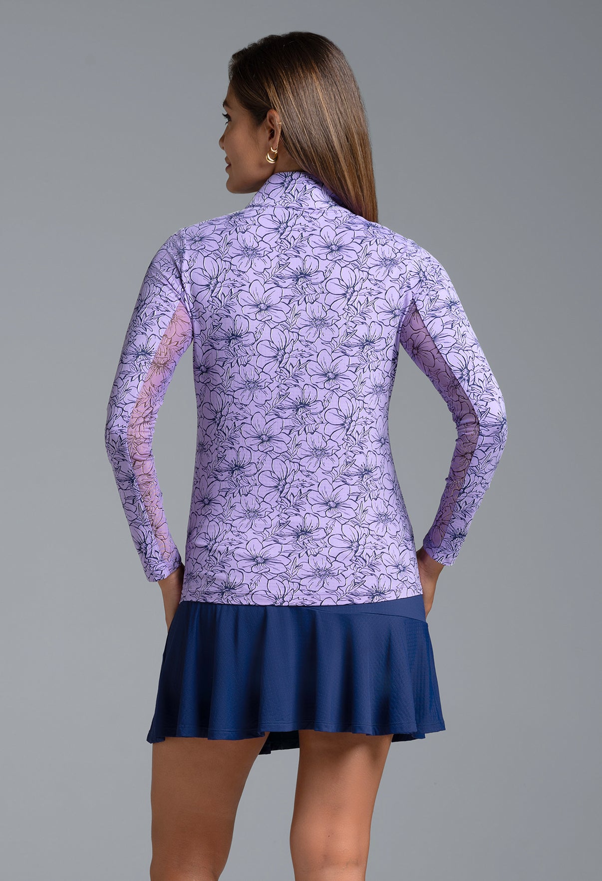 IBKÜL - Diana Print Long Sleeve Mock Neck Top – 10930 - Color: Lavender/Navy