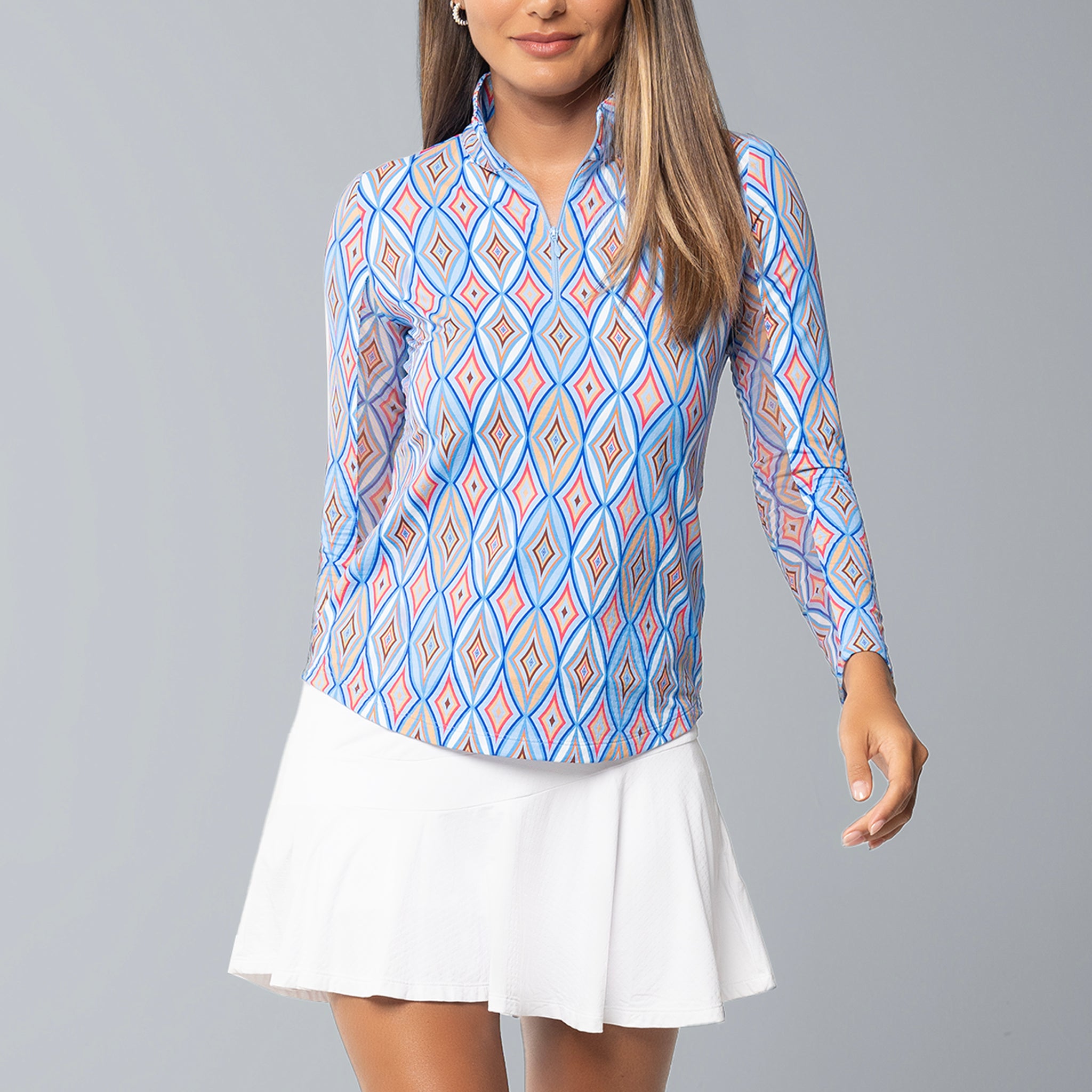 IBKÜL - Romina Print Long Sleeve Mock Neck Top – 10931 - Color: Blue Multi
