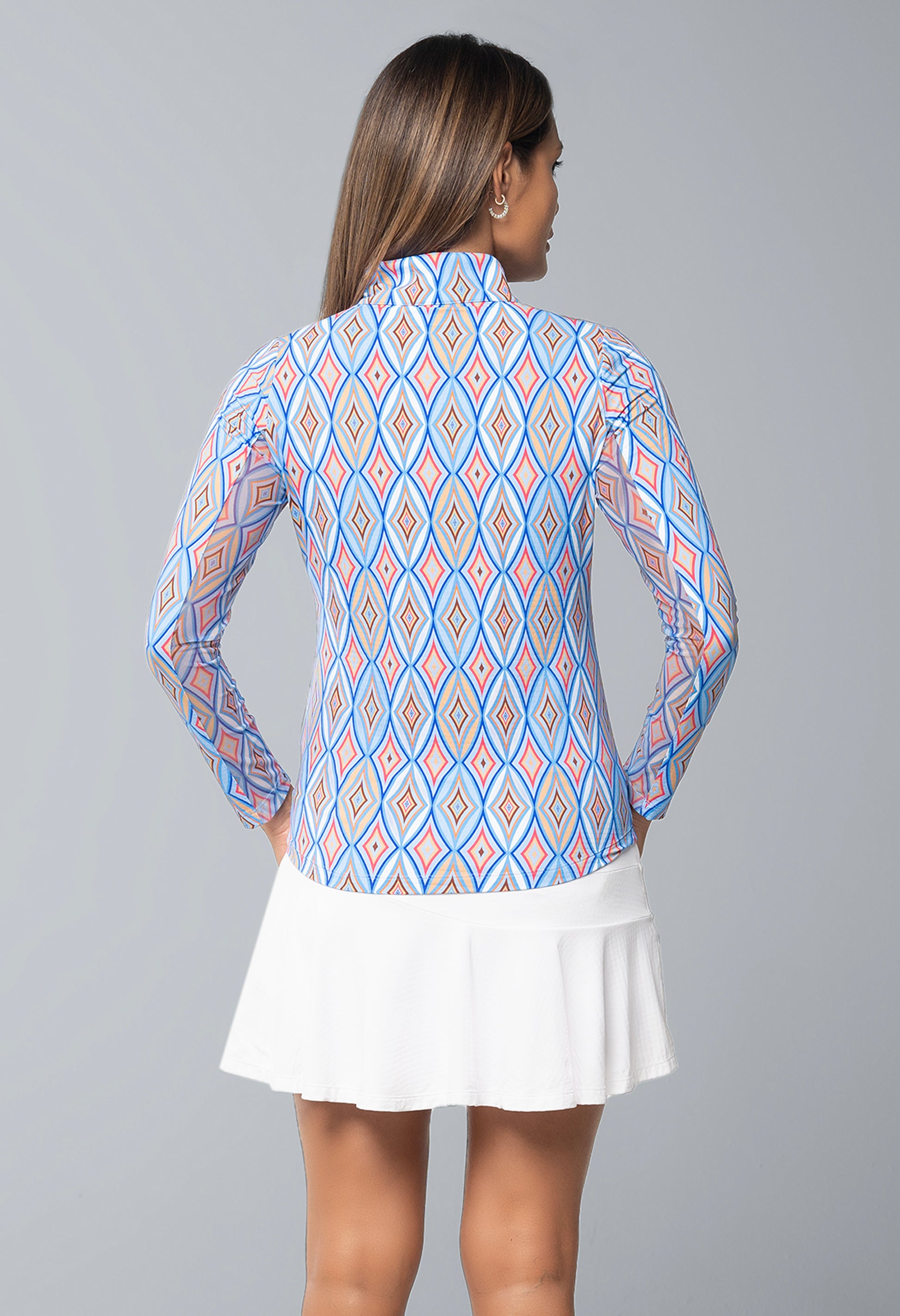 IBKÜL - Romina Print Long Sleeve Mock Neck Top – 10931 - Color: Blue Multi