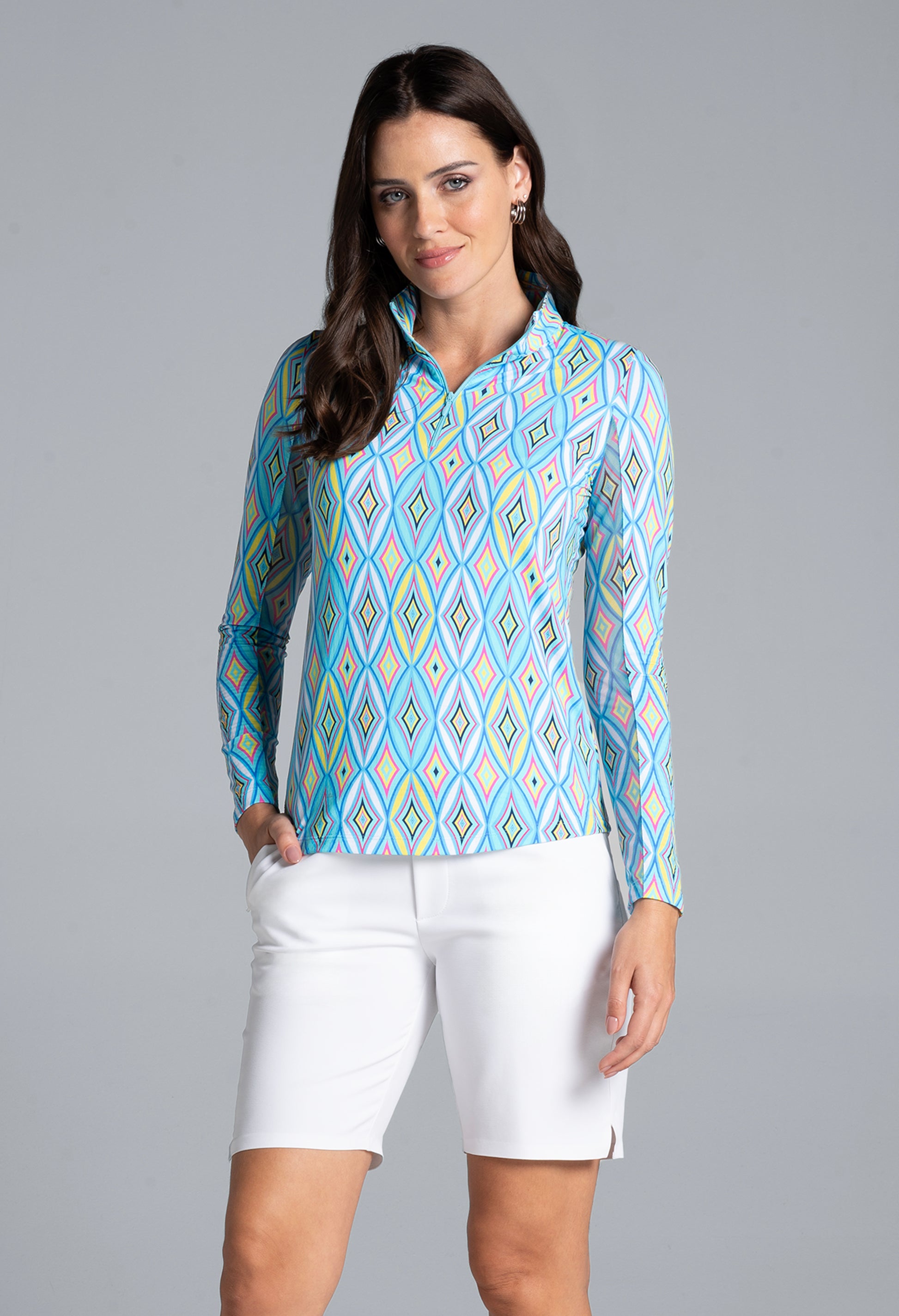 IBKÜL - Romina Print Long Sleeve Mock Neck Top – 10931 - Color: Seafoam Multi