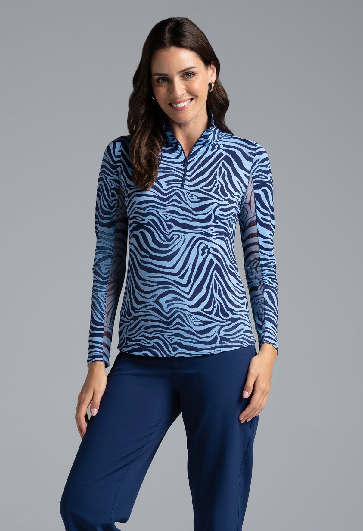 IBKÜL - Cecilia Print Long Sleeve Mock Neck Top – 10932 - Color: Navy/Peri