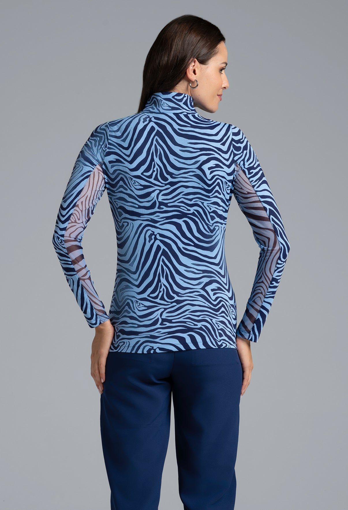 IBKÜL - Cecilia Print Long Sleeve Mock Neck Top – 10932 - Color: Navy/Peri