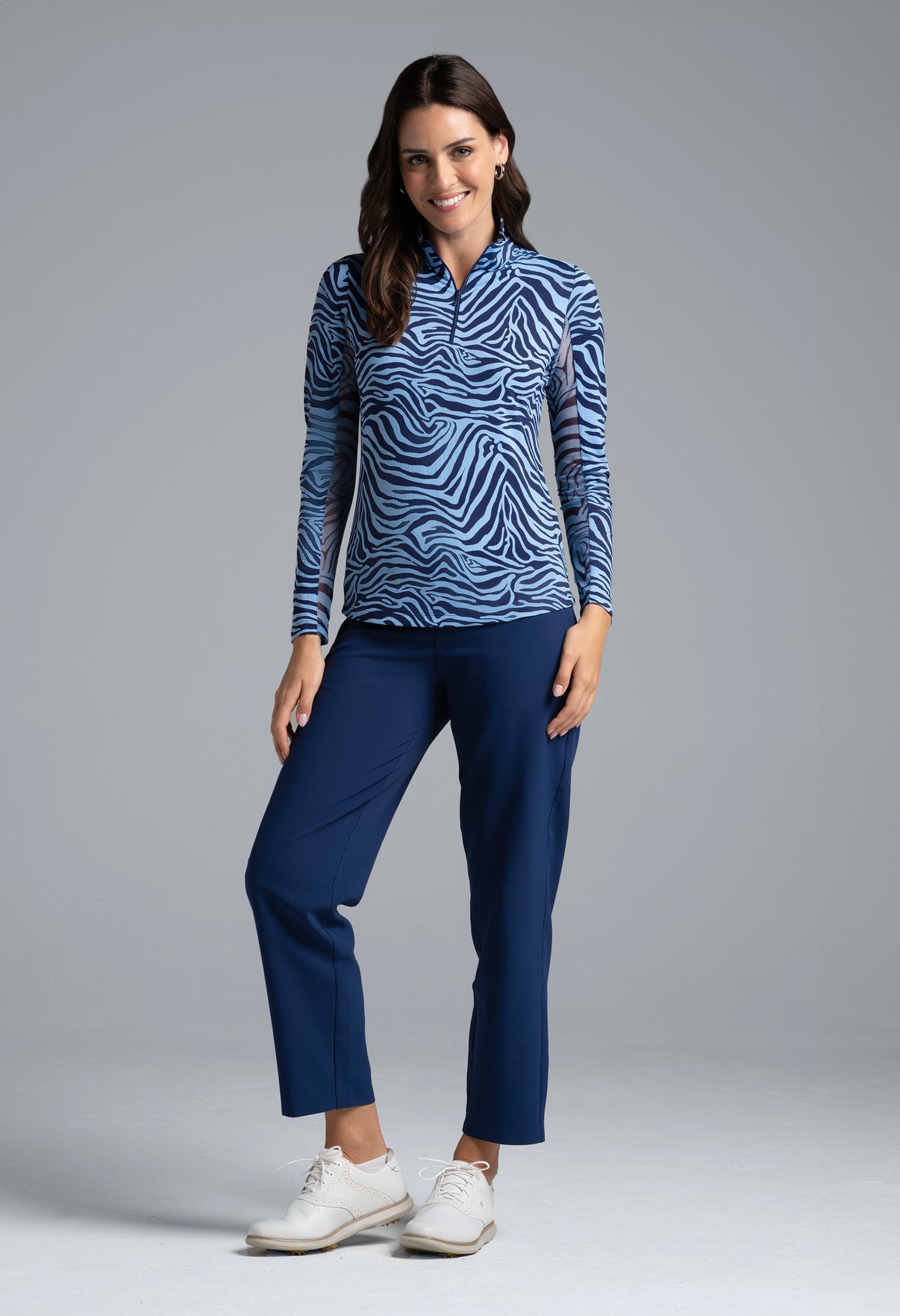 IBKÜL - Cecilia Print Long Sleeve Mock Neck Top – 10932 - Color: Navy/Peri