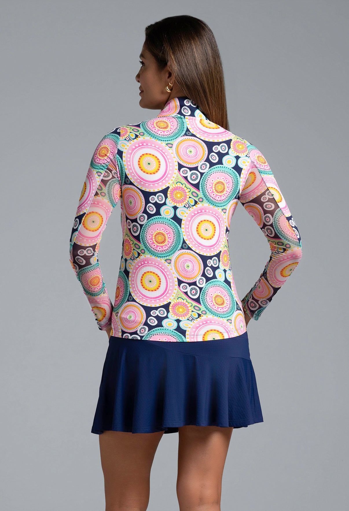 IBKÜL - Leona Print Long Sleeve Mock Neck Top – 10933 - Color: Navy Multi