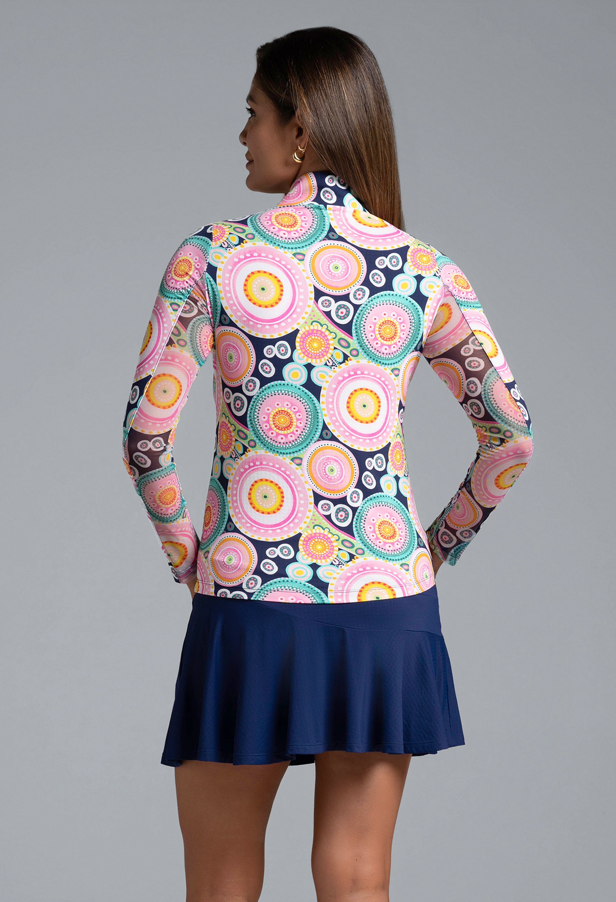 IBKÜL - Leona Print Long Sleeve Mock Neck Top – 10933 - Color: Navy Multi