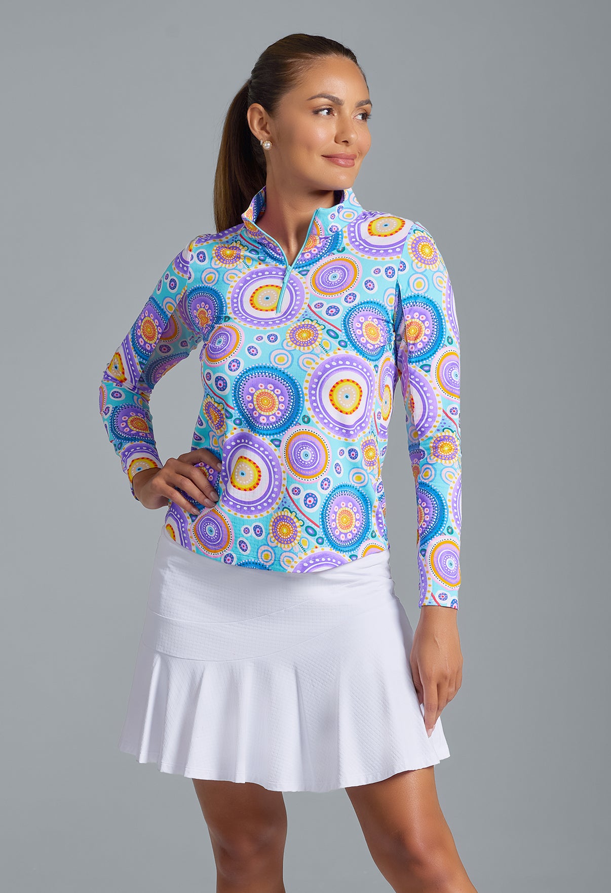 IBKÜL - Leona Print Long Sleeve Mock Neck Top – 10933 - Color: Seafoam Multi