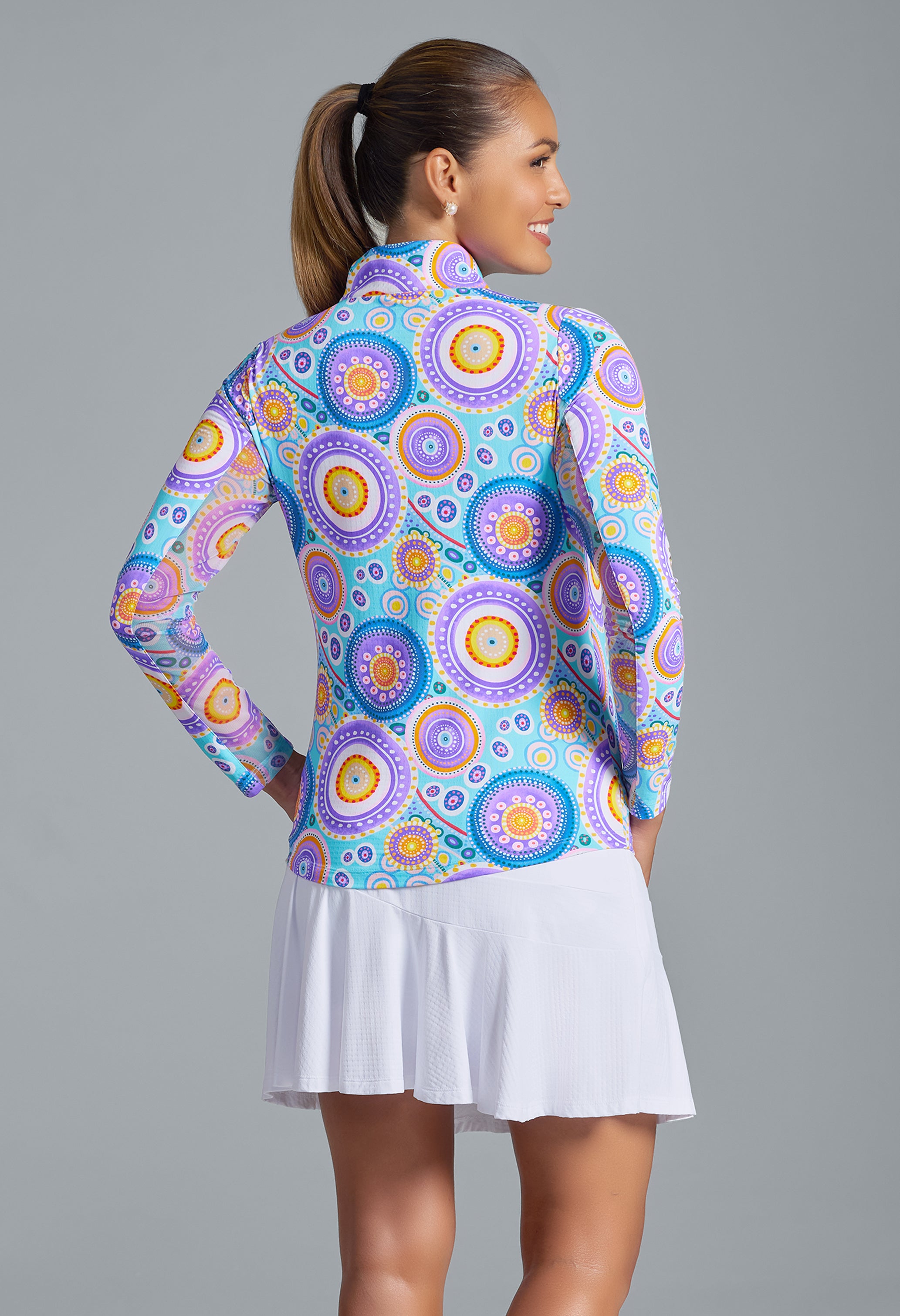 IBKÜL - Leona Print Long Sleeve Mock Neck Top – 10933 - Color: Seafoam Multi