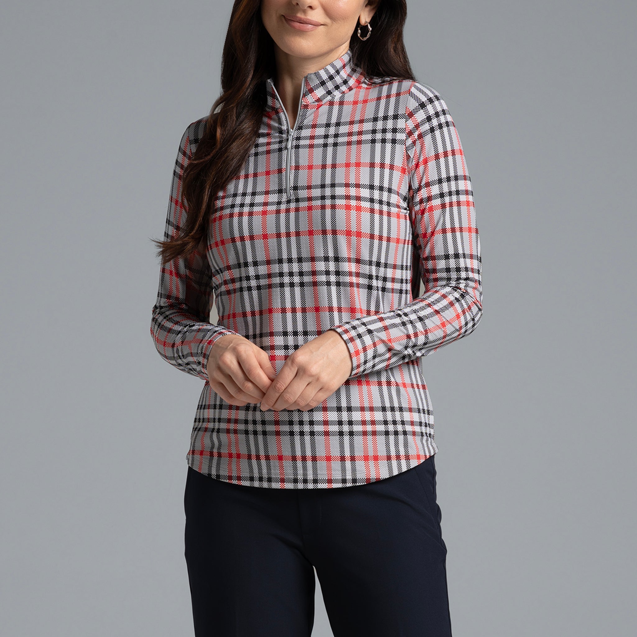 IBKÜL - Judith Print Long Sleeve Mock Neck Top – 10934 - Color: Grey/Red