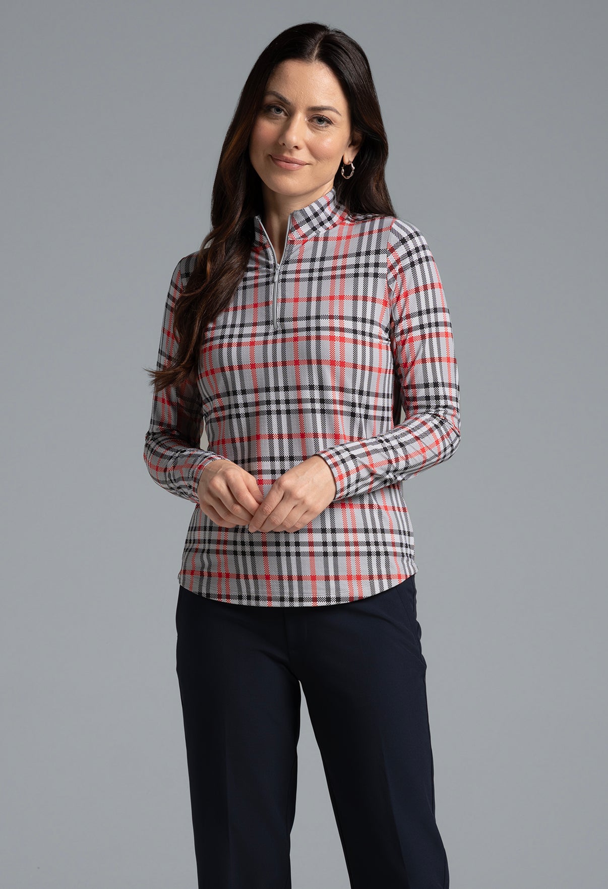 IBKÜL - Judith Print Long Sleeve Mock Neck Top – 10934 - Color: Grey/Red