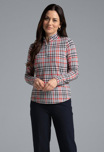 IBKÜL - Judith Print Long Sleeve Mock Neck Top – 10934 - Color: Grey/Red