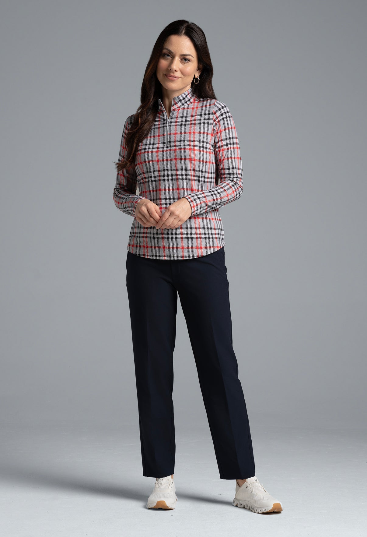 IBKÜL - Judith Print Long Sleeve Mock Neck Top – 10934 - Color: Grey/Red