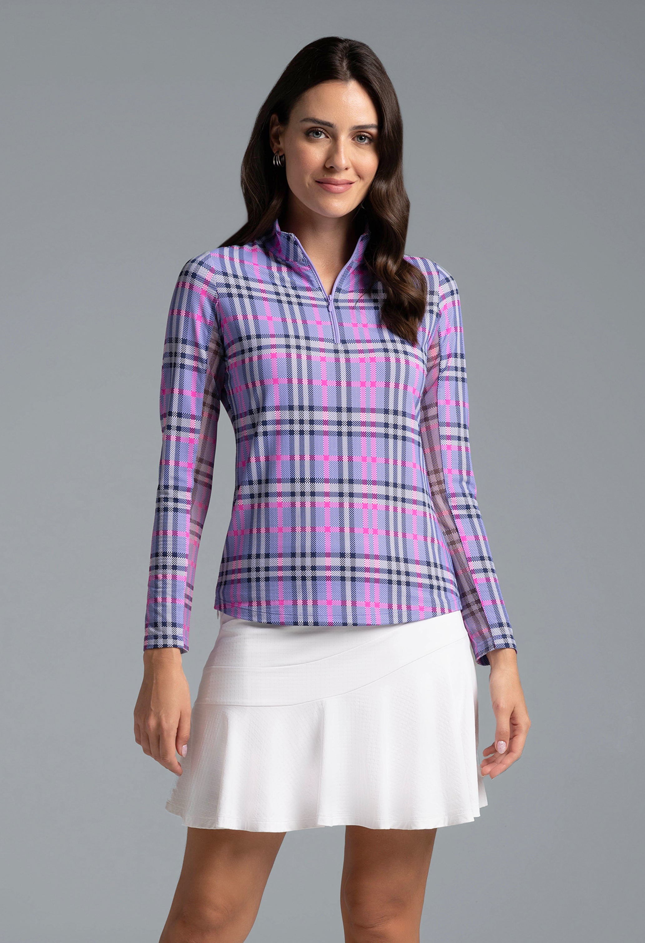 IBKÜL - Judith Print Long Sleeve Mock Neck Top – 10934 - Color: Lavender/Hot Pink
