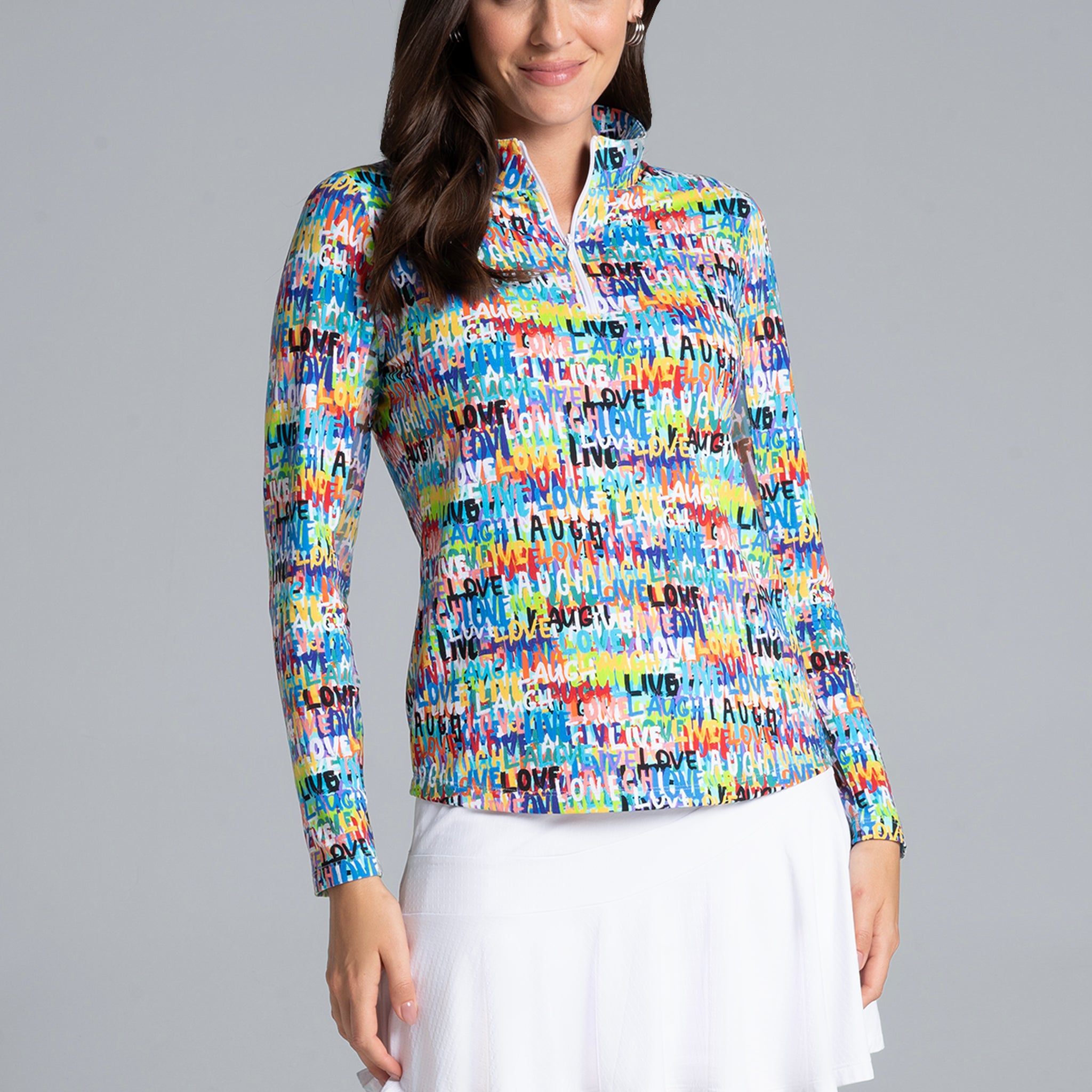 IBKÜL - Live, Love, Laugh Print Long Sleeve Mock Neck Top – 10935 - Color: Red Multi