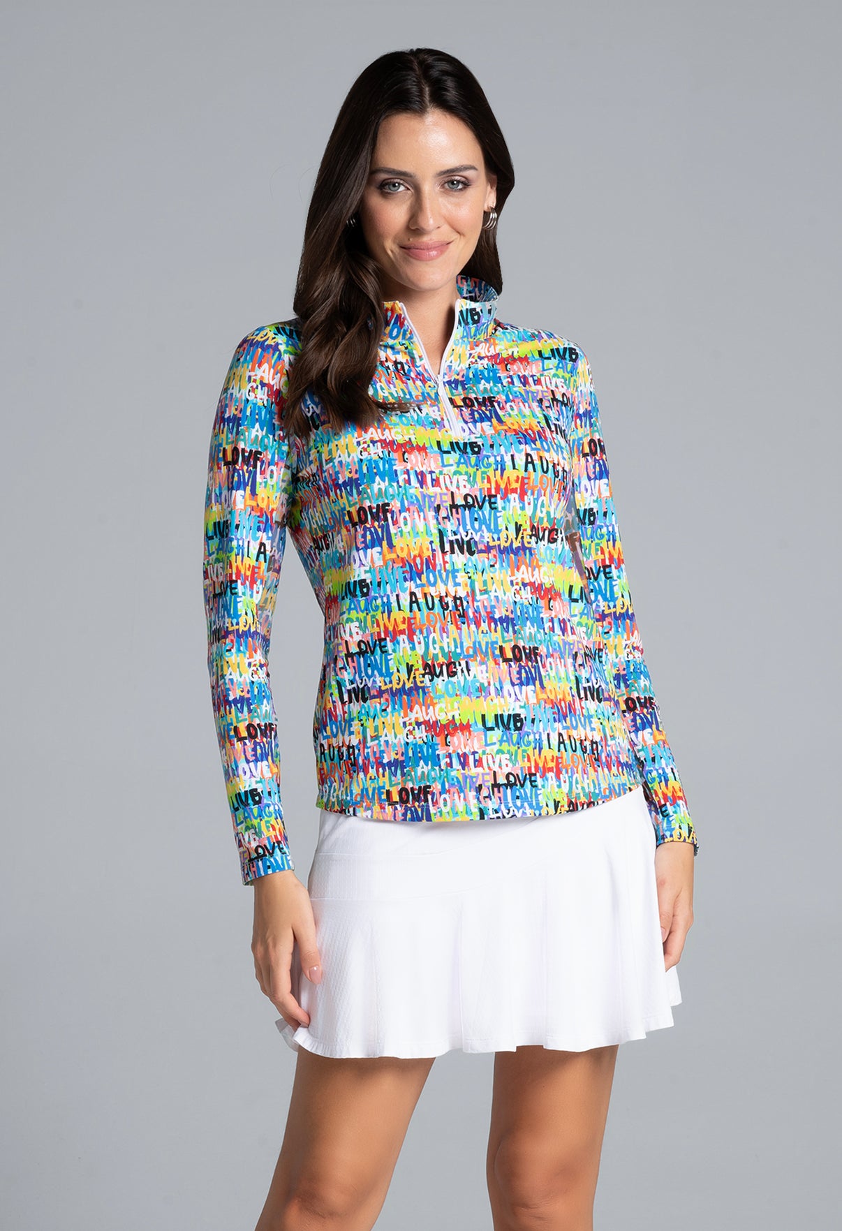 IBKÜL - Live, Love, Laugh Print Long Sleeve Mock Neck Top – 10935 - Color: Red Multi