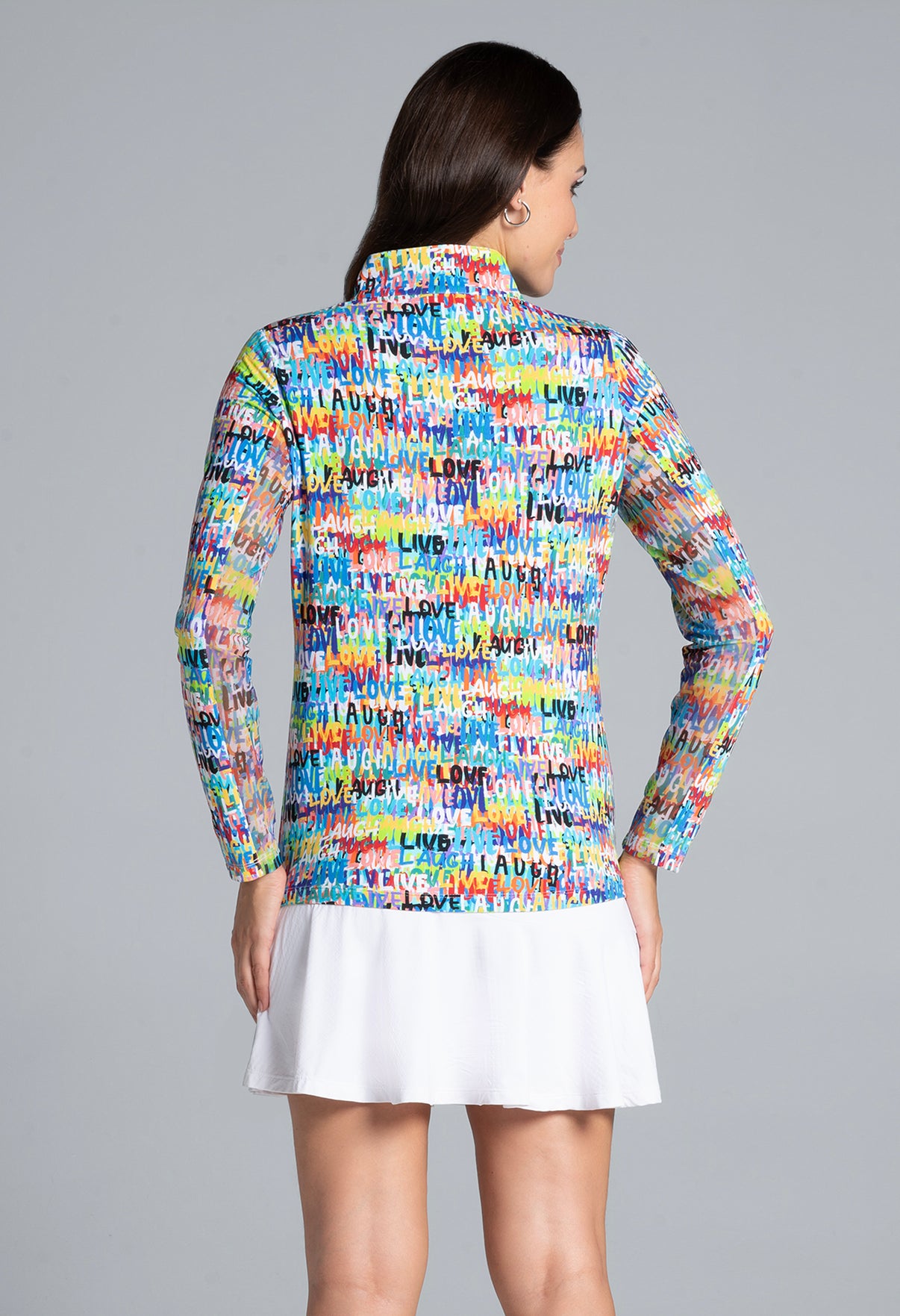 IBKÜL - Live, Love, Laugh Print Long Sleeve Mock Neck Top – 10935 - Color: Red Multi