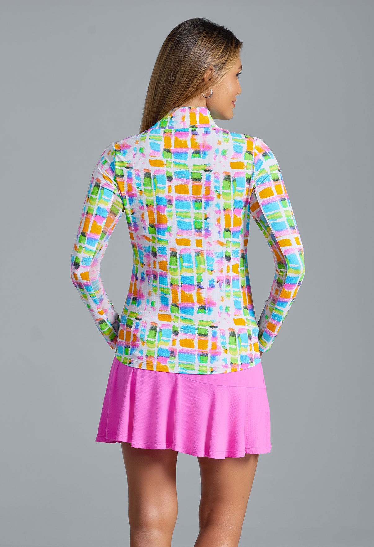 IBKÜL - Tatiana Print Long Sleeve Mock Neck Top – 10937 - Color: Hot Pink Multi