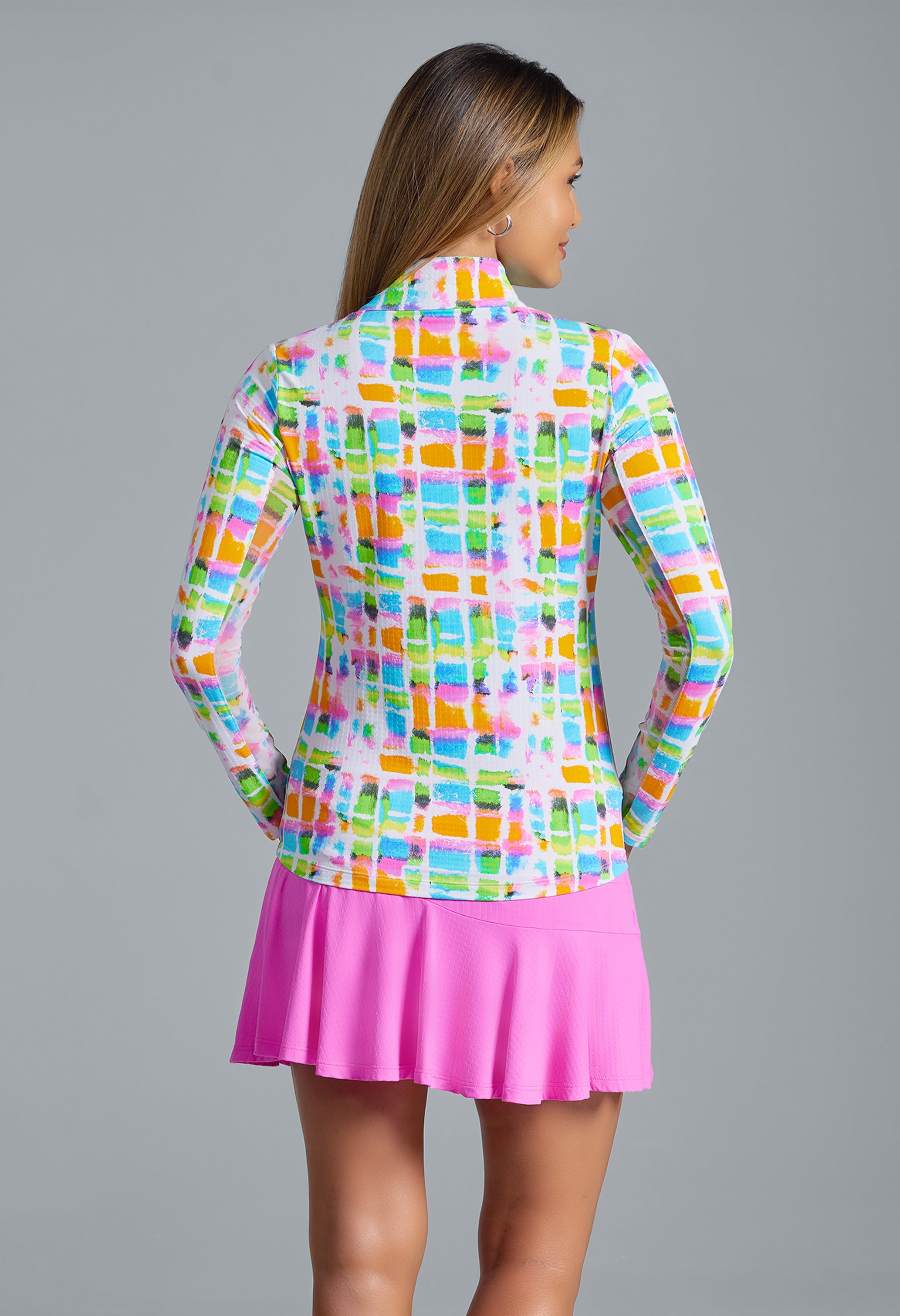 IBKÜL - Tatiana Print Long Sleeve Mock Neck Top – 10937 - Color: Hot Pink Multi