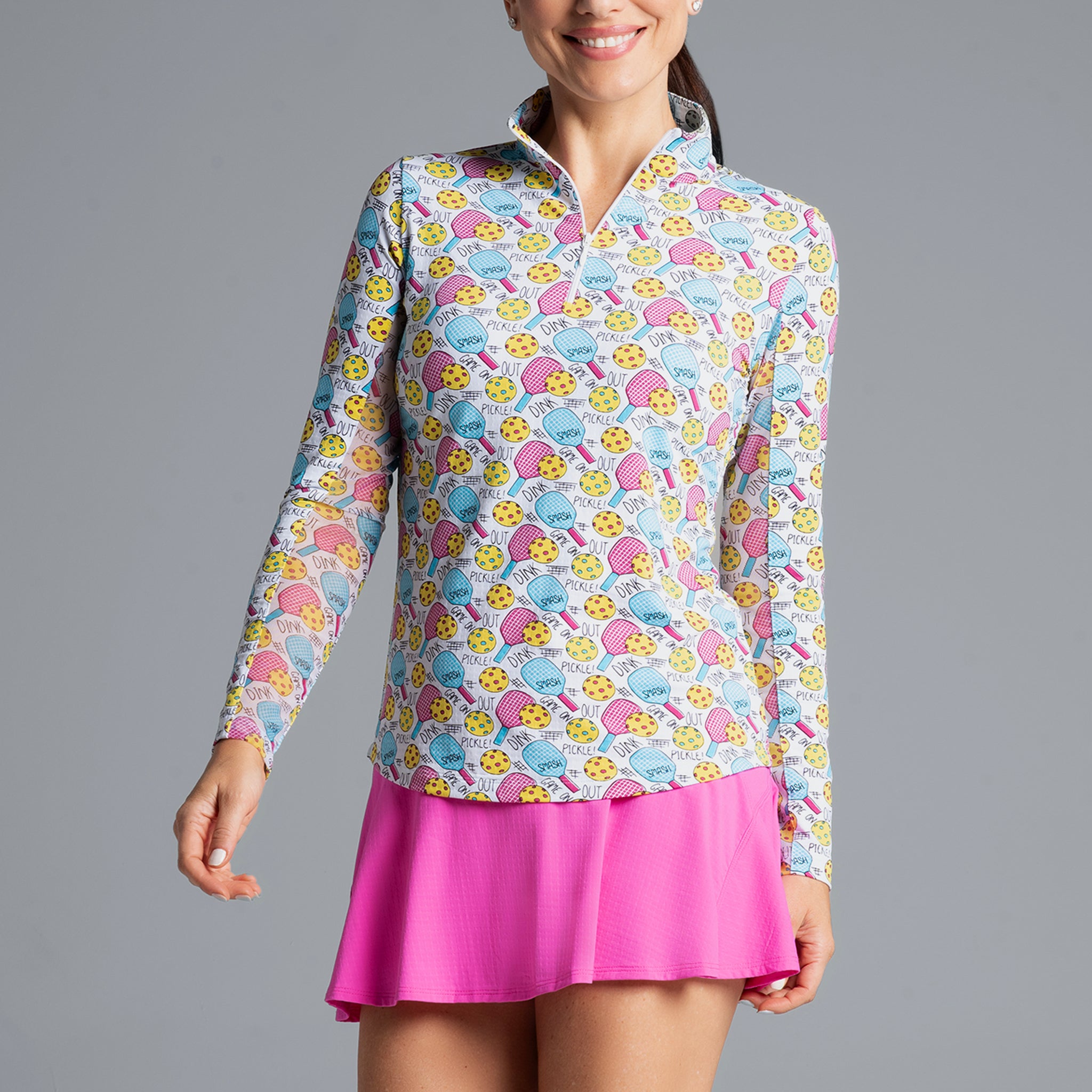 IBKÜL - Game On Print Long Sleeve Mock Neck Top – 10938 - Color: Raspberry/Turq