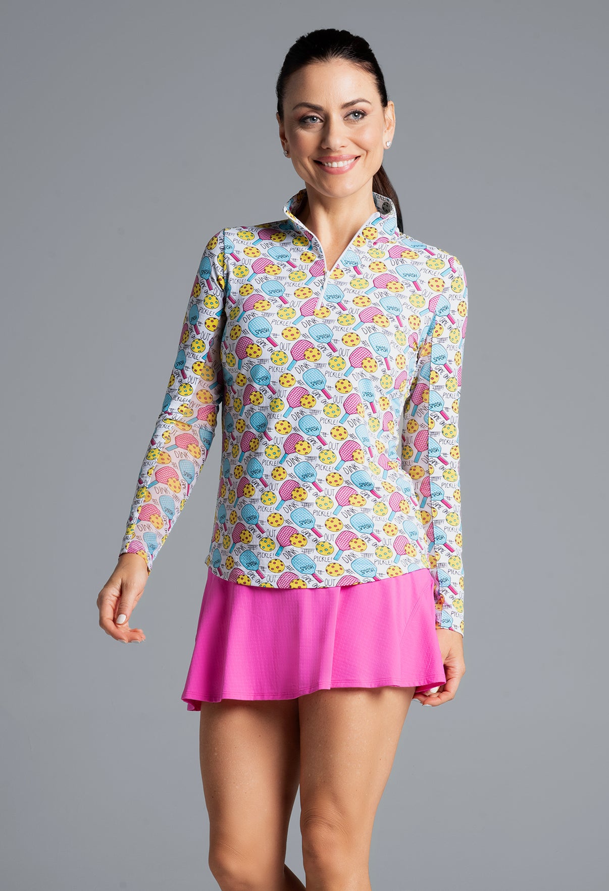 IBKÜL - Game On Print Long Sleeve Mock Neck Top – 10938 - Color: Raspberry/Turq