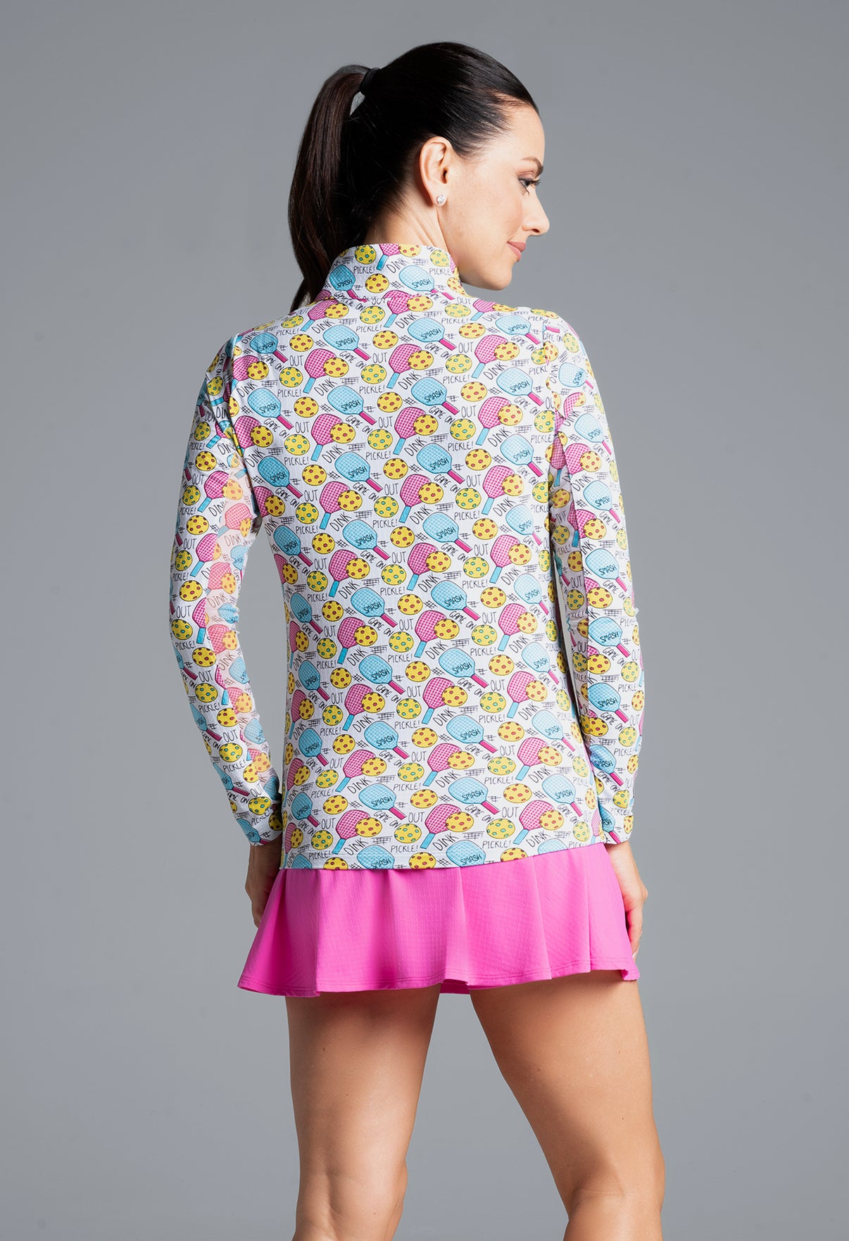 IBKÜL - Game On Print Long Sleeve Mock Neck Top – 10938 - Color: Raspberry/Turq