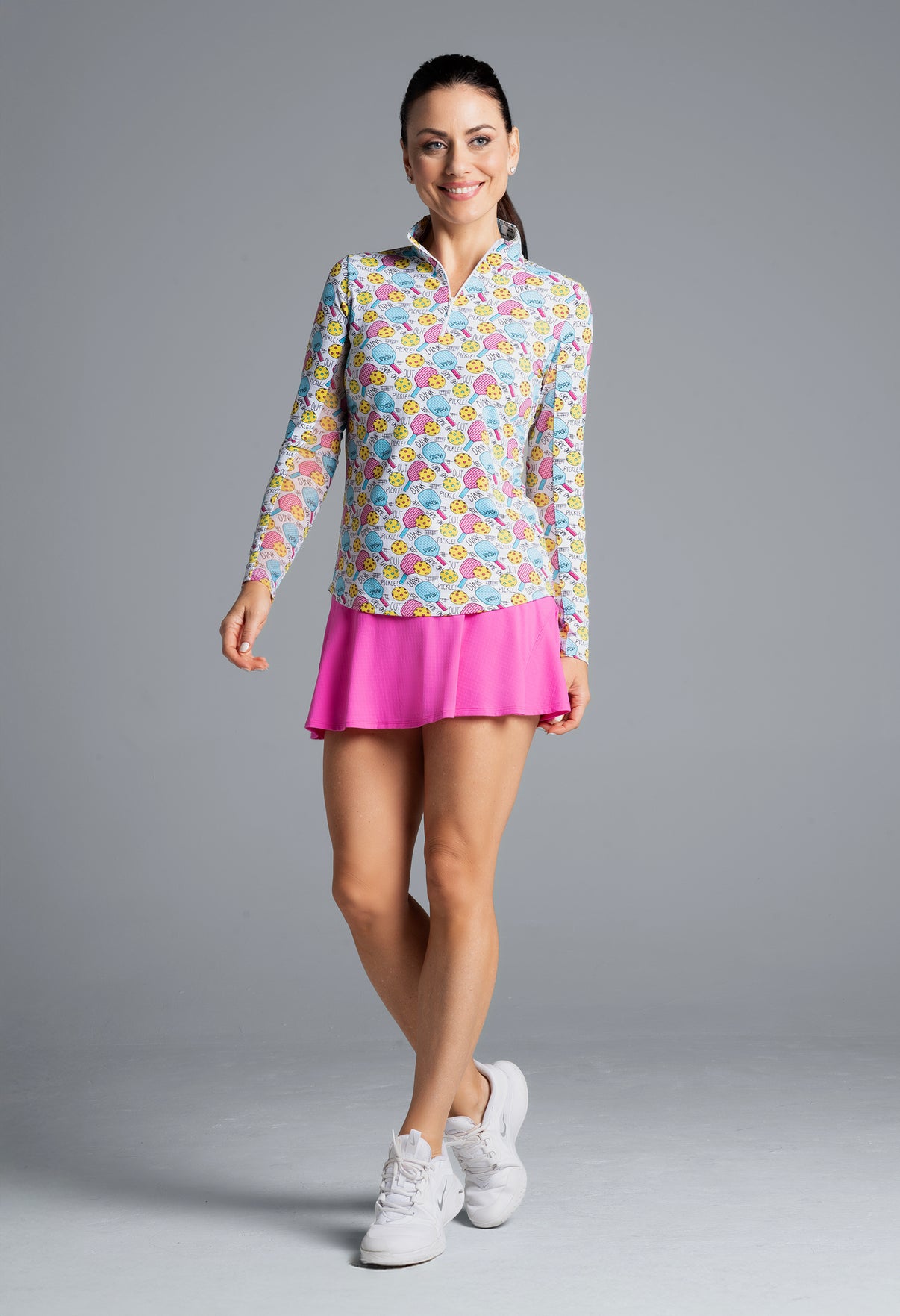 IBKÜL - Game On Print Long Sleeve Mock Neck Top – 10938 - Color: Raspberry/Turq