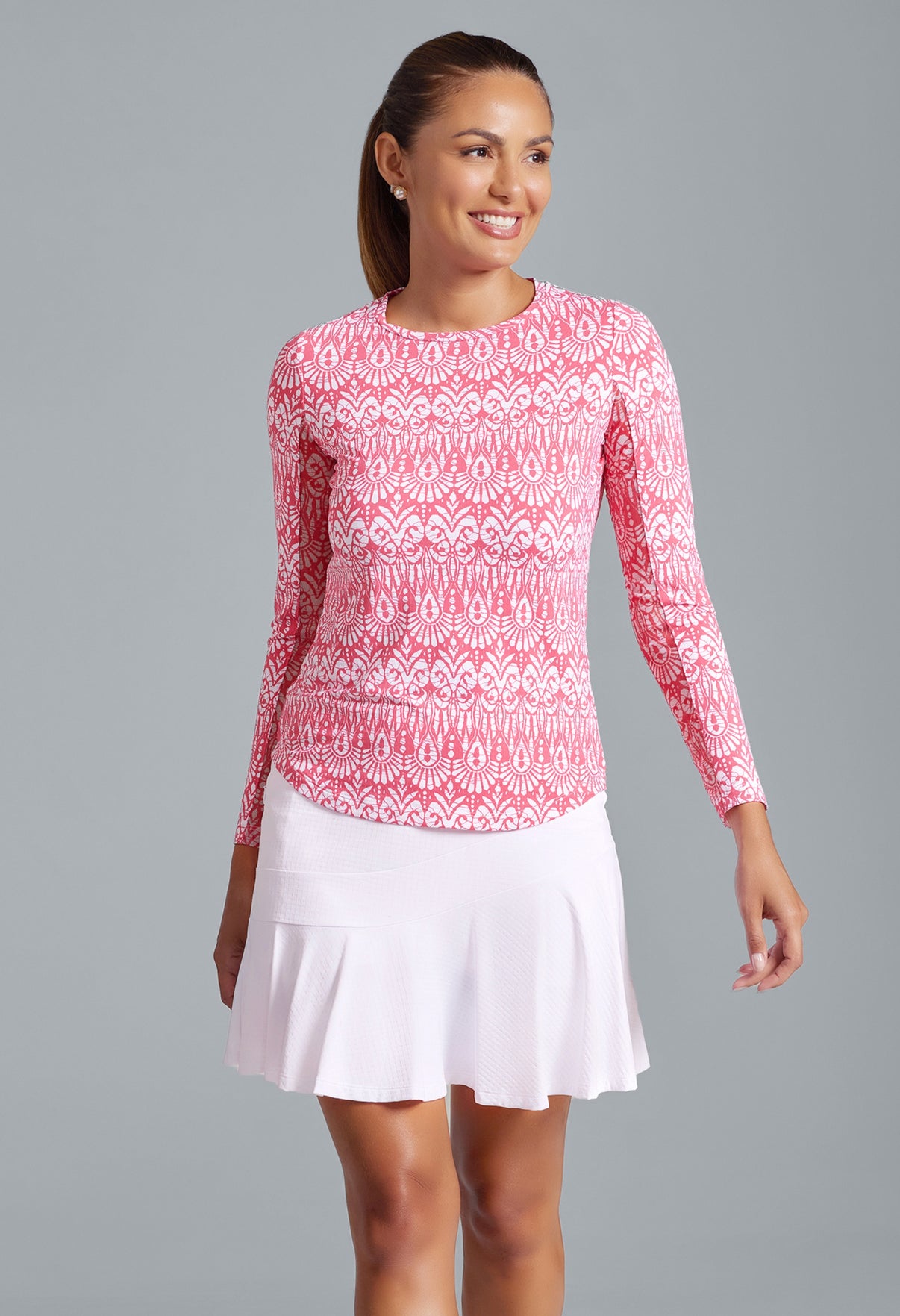 IBKÜL - Barbara Print Long Sleeve Crew Neck – 12086 - Color: Watermelon/White