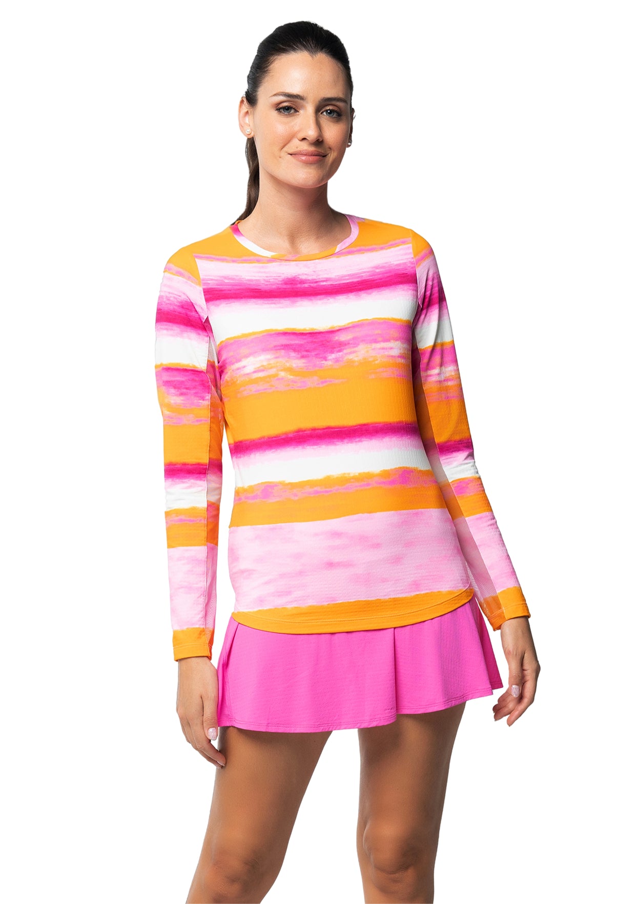 IBKÜL - Amy Print Long Sleeve Crew Neck – 12088 - Color: Hot Pink/Orange Peel