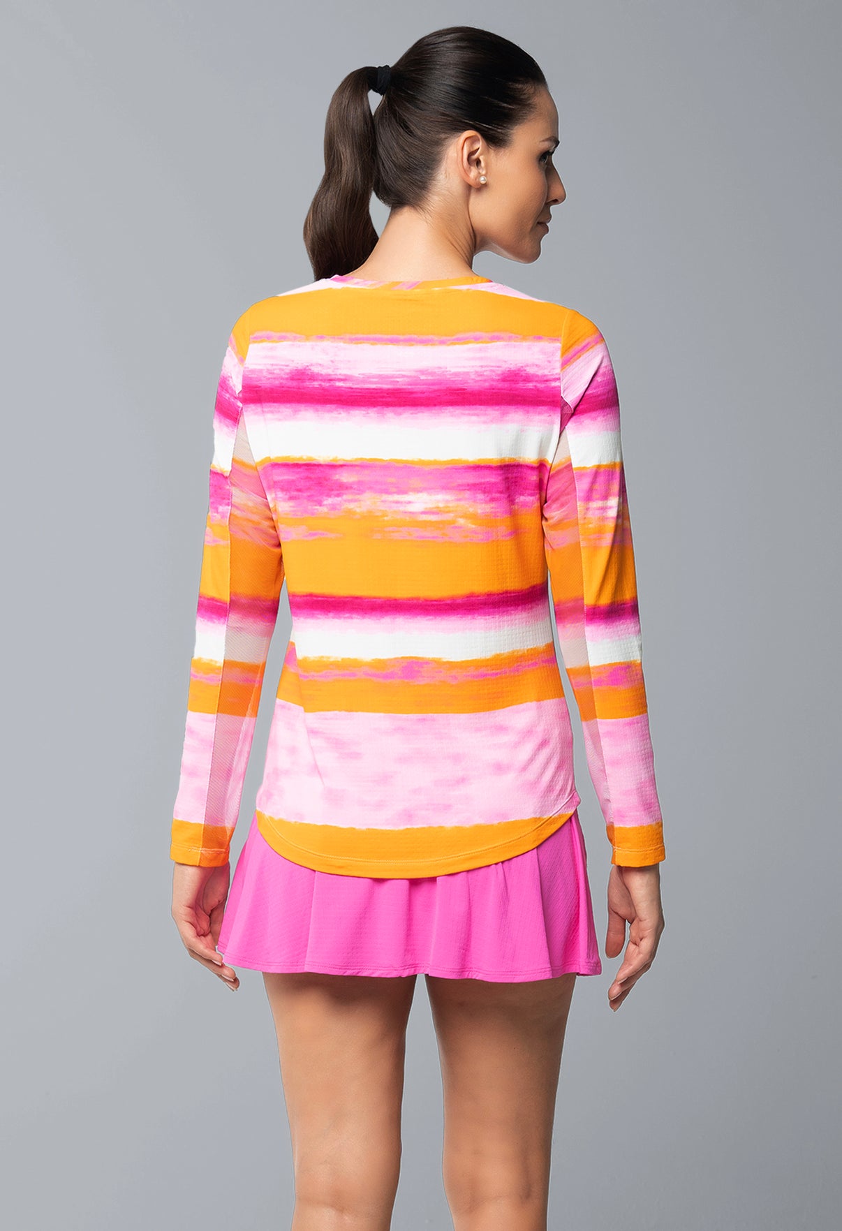 IBKÜL - Amy Print Long Sleeve Crew Neck – 12088 - Color: Hot Pink/Orange Peel
