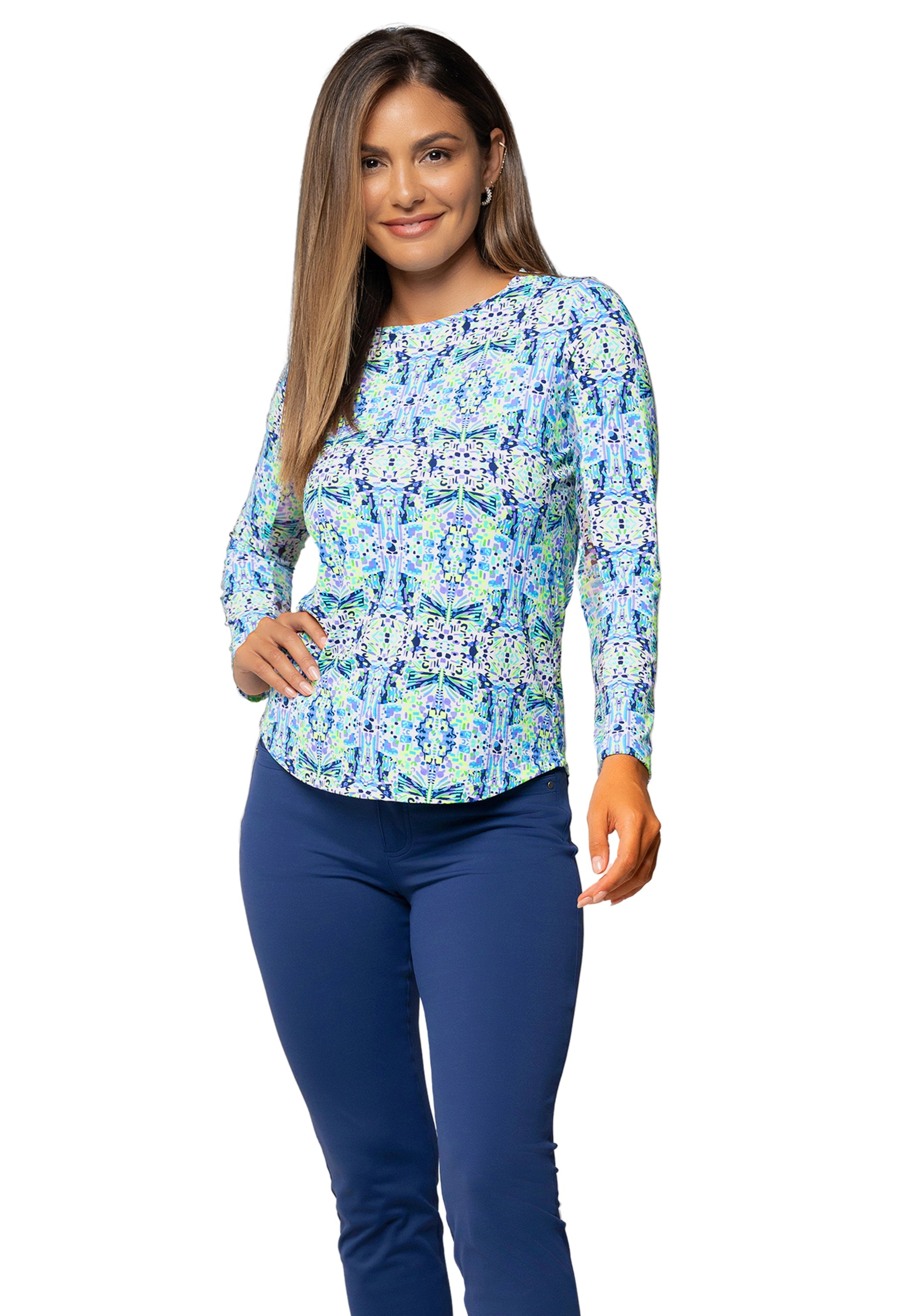 IBKÜL - Ridley Print Long Sleeve Crew Neck – 12089 - Color: Navy Multi
