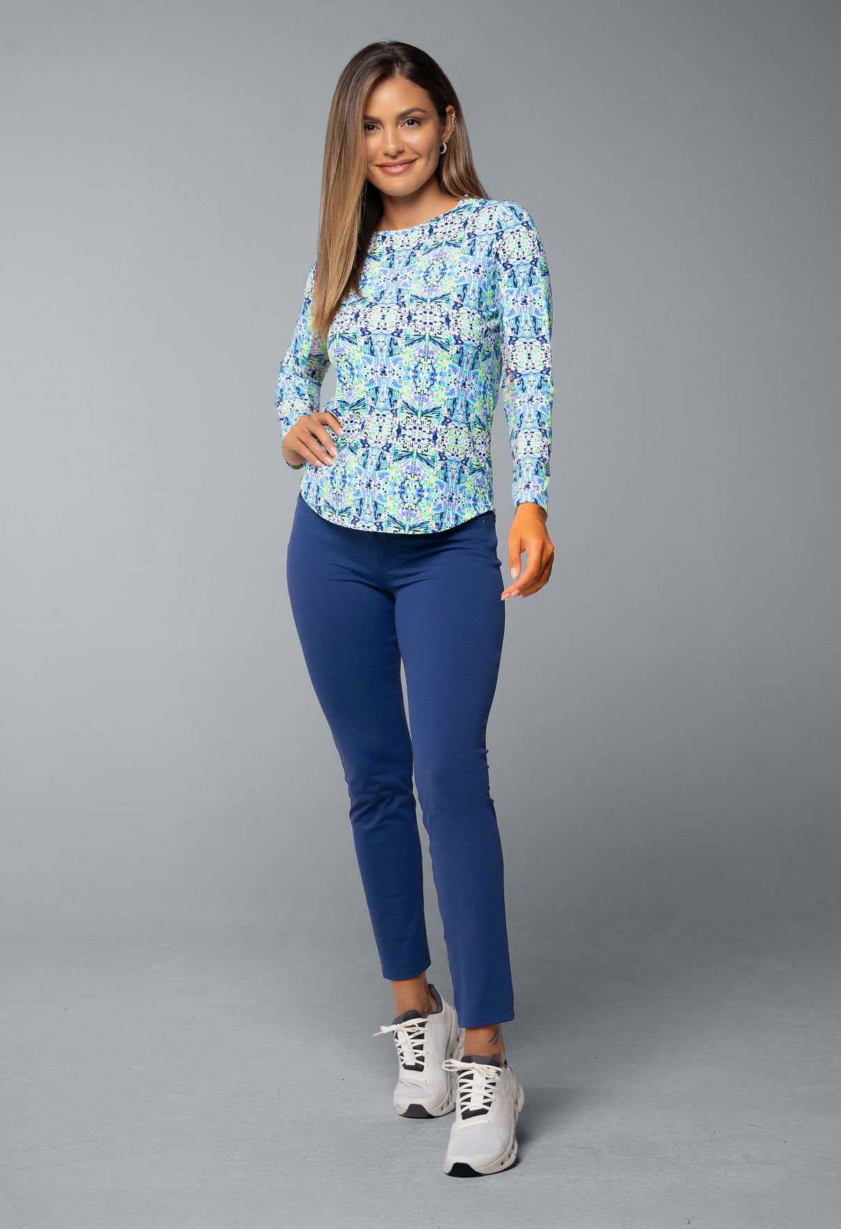 IBKÜL - Ridley Print Long Sleeve Crew Neck – 12089 - Color: Navy Multi