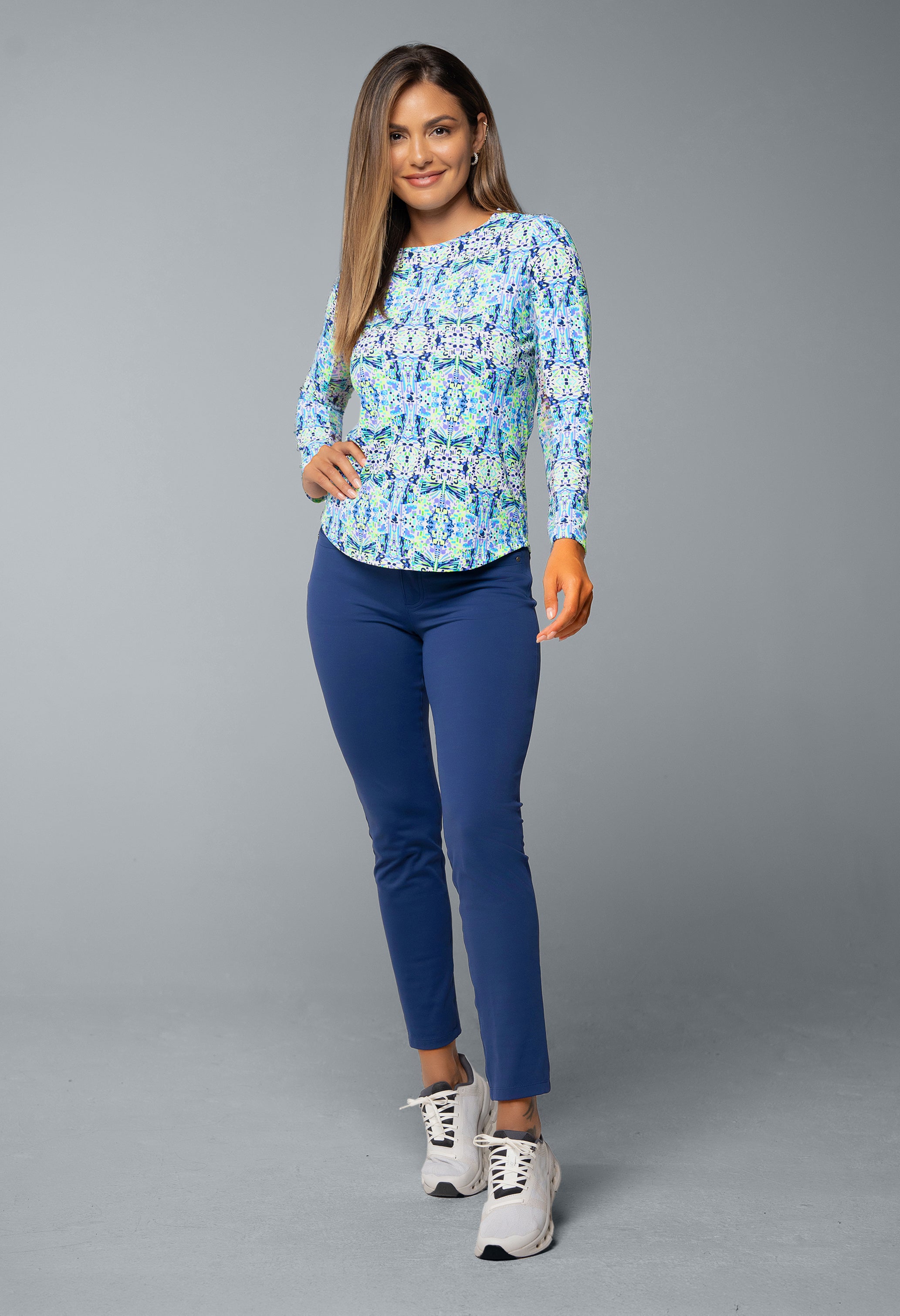 IBKÜL - Ridley Print Long Sleeve Crew Neck – 12089 - Color: Navy Multi