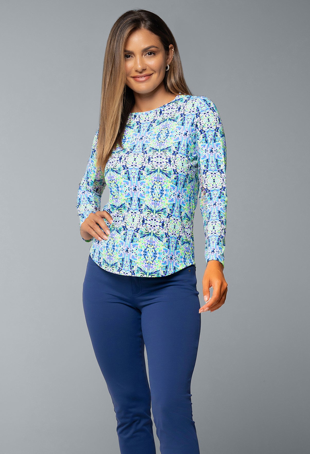IBKÜL - Ridley Print Long Sleeve Crew Neck – 12089 - Color: Navy Multi