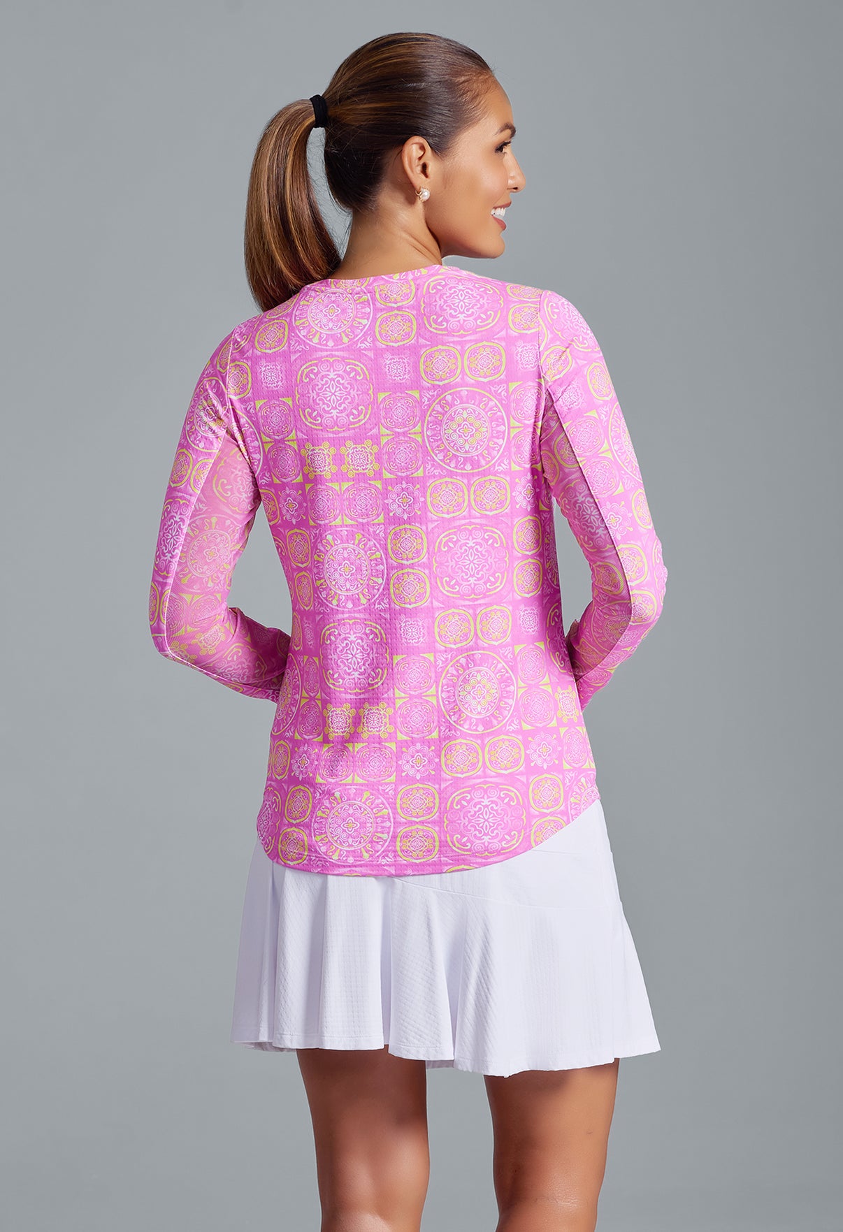 IBKÜL - Colette Print Long Sleeve Crew Neck – 12090 - Color: Hot Pink/Yellow