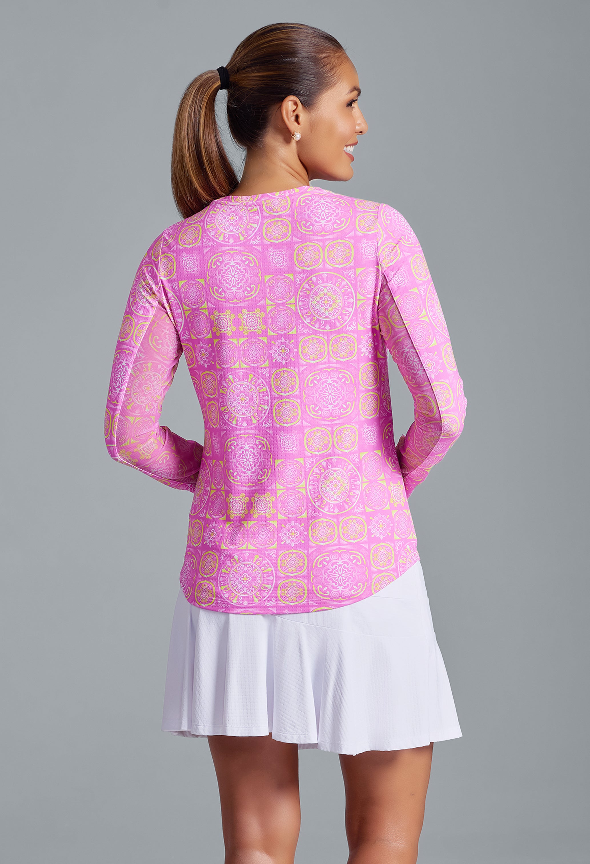 IBKÜL - Colette Print Long Sleeve Crew Neck – 12090 - Color: Hot Pink/Yellow