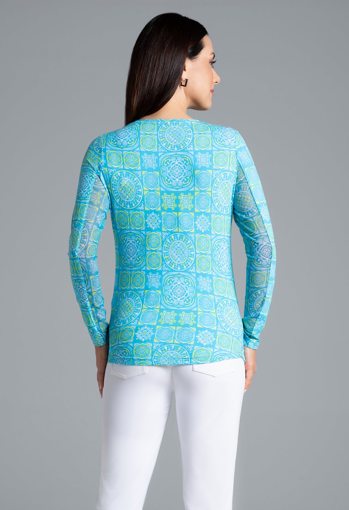 IBKÜL - Colette Print Long Sleeve Crew Neck – 12090 - Color: Turquoise/Lime