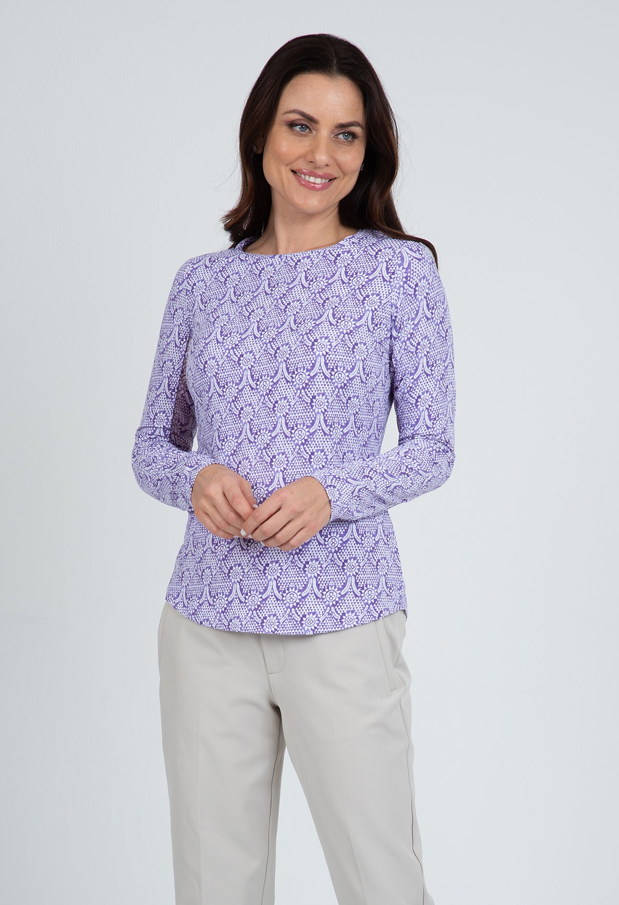 IBKÜL - Leslie Print Long Sleeve Crew Neck – 12868 - Color: Lavender/White