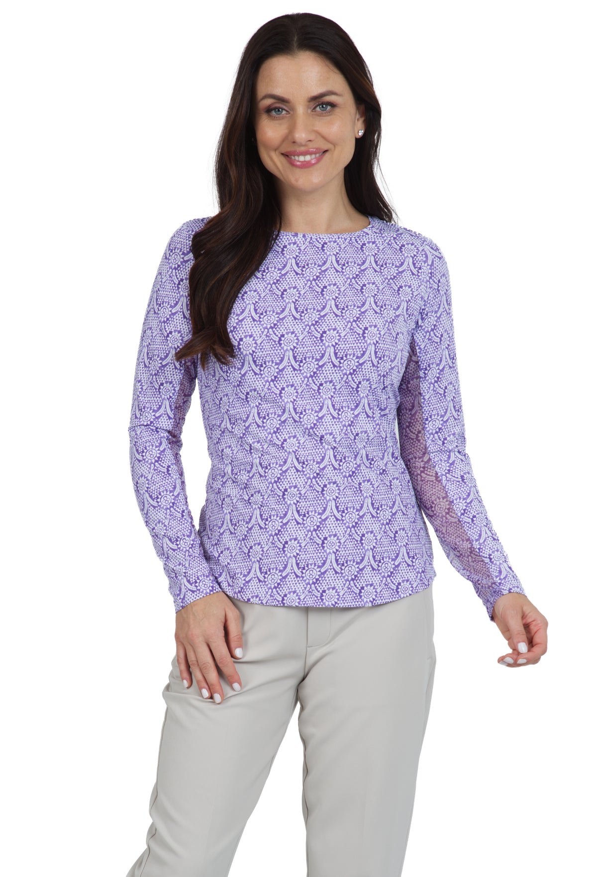IBKÜL - Leslie Print Long Sleeve Crew Neck – 12868 - Color: Lavender/White