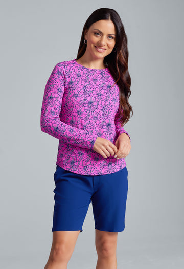 IBKÜL - Diana Print Long Sleeve Crew Neck – 12930 - Color: Hot Pink/Navy