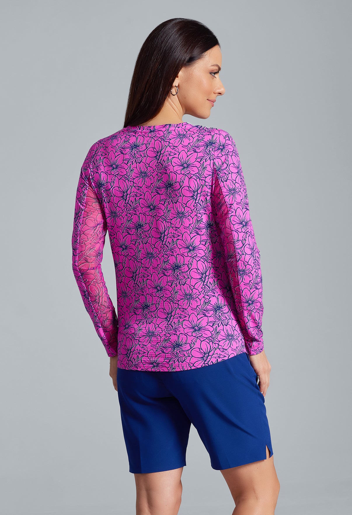 IBKÜL - Diana Print Long Sleeve Crew Neck – 12930 - Color: Hot Pink/Navy
