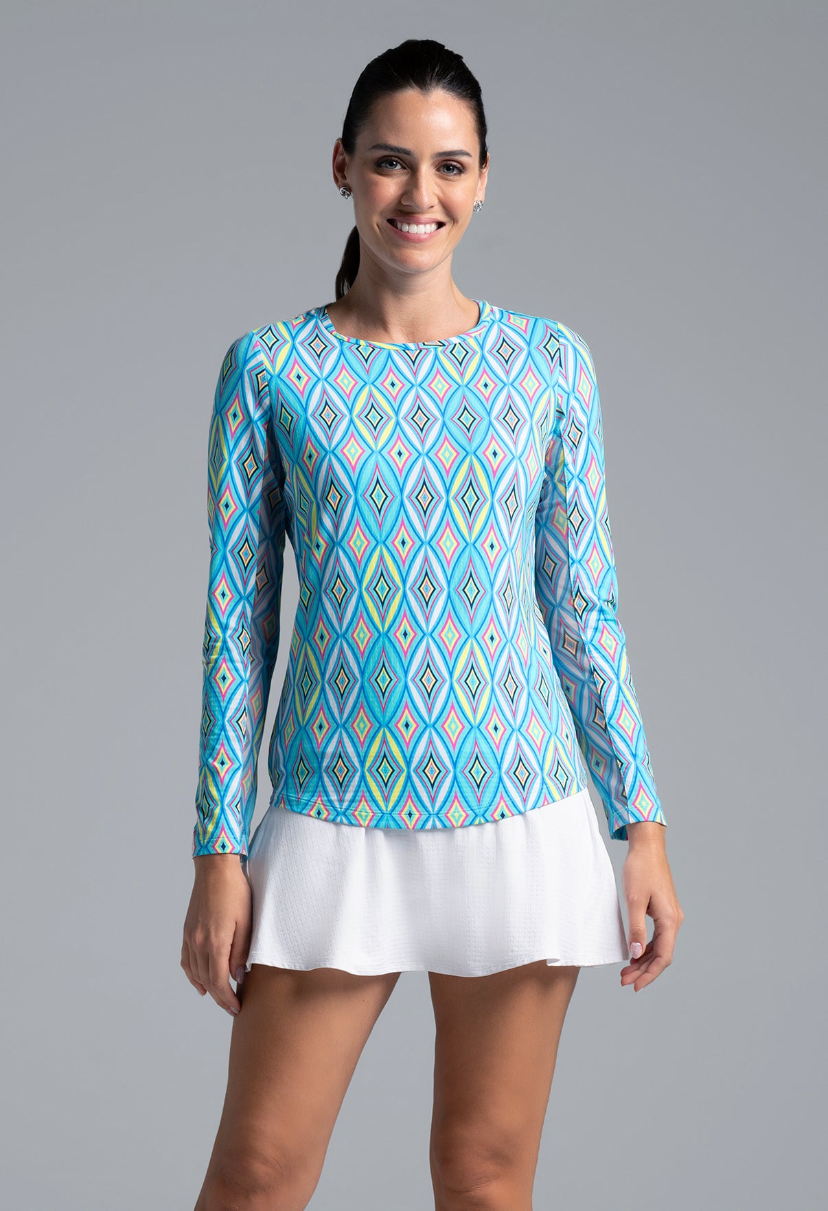 IBKÜL - Romina Print Long Sleeve Crew Neck – 12931 - Color: Seafoam Multi