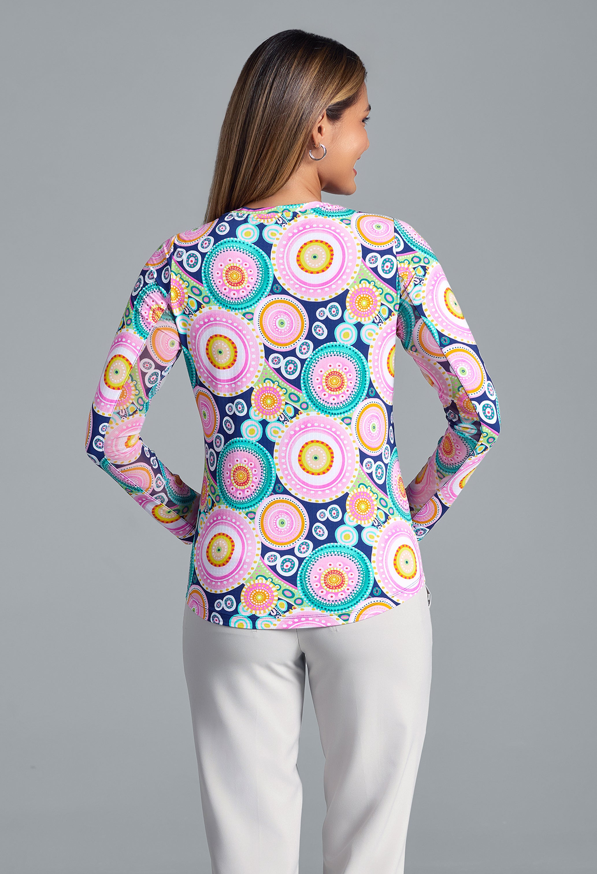IBKÜL - Leona Print Long Sleeve Crew Neck – 12933 - Color: Navy Multi