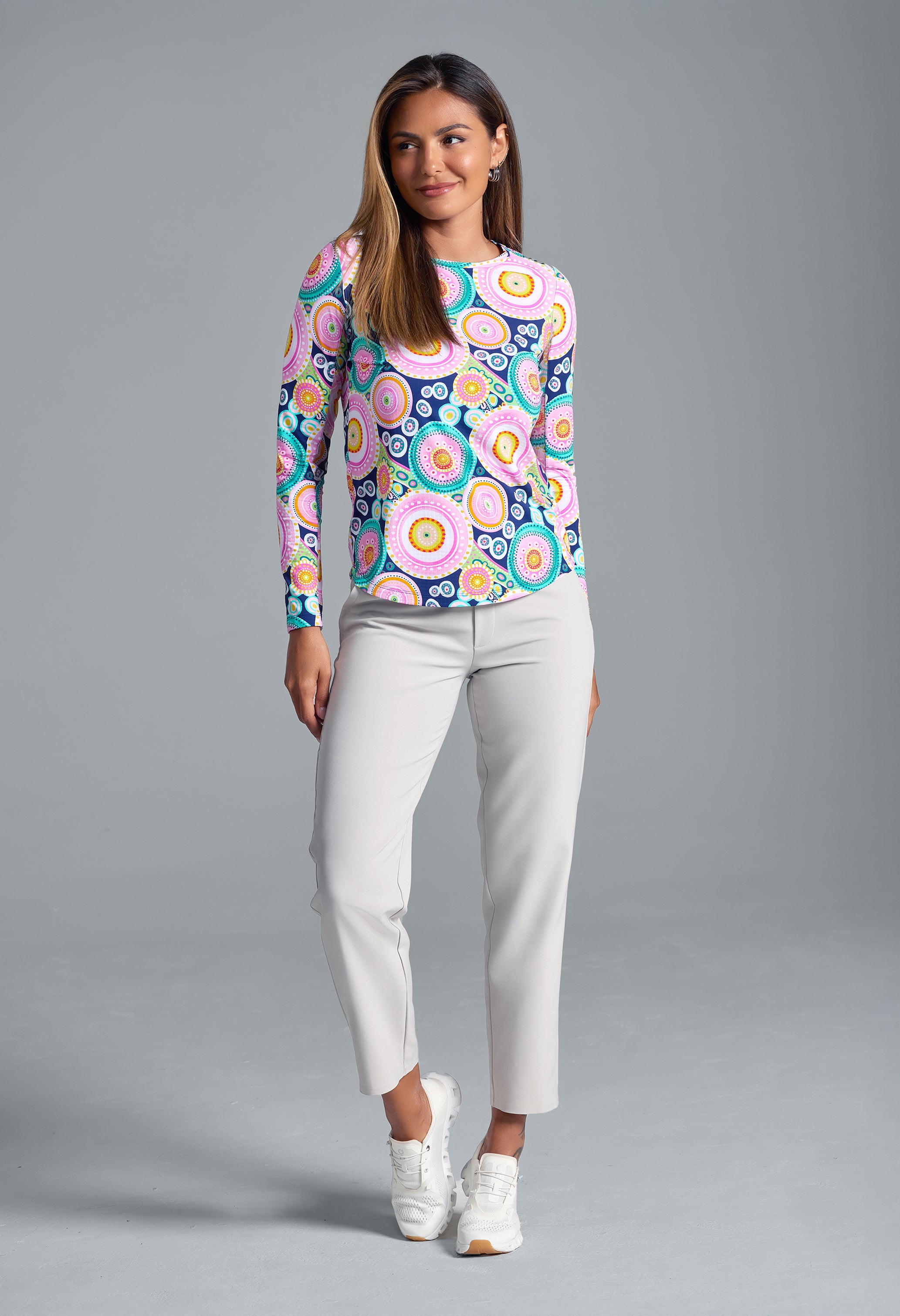 IBKÜL - Leona Print Long Sleeve Crew Neck – 12933 - Color: Navy Multi