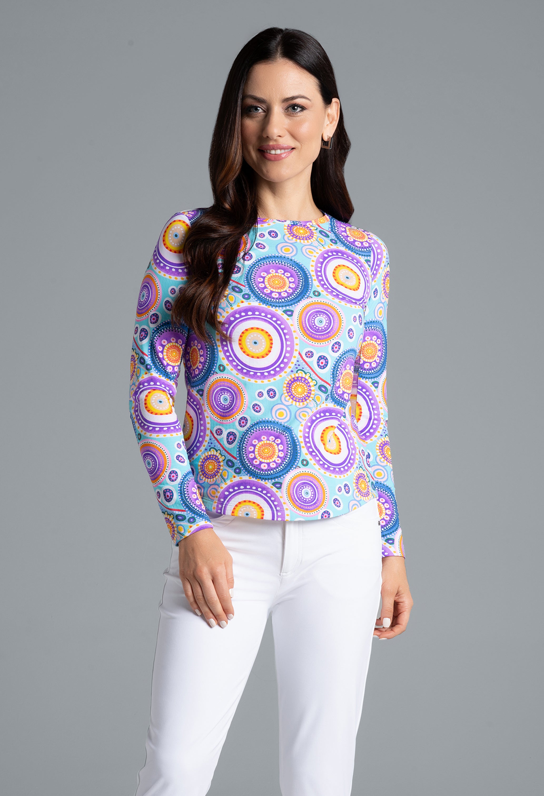 IBKÜL - Leona Print Long Sleeve Crew Neck – 12933 - Color: Seafoam Multi