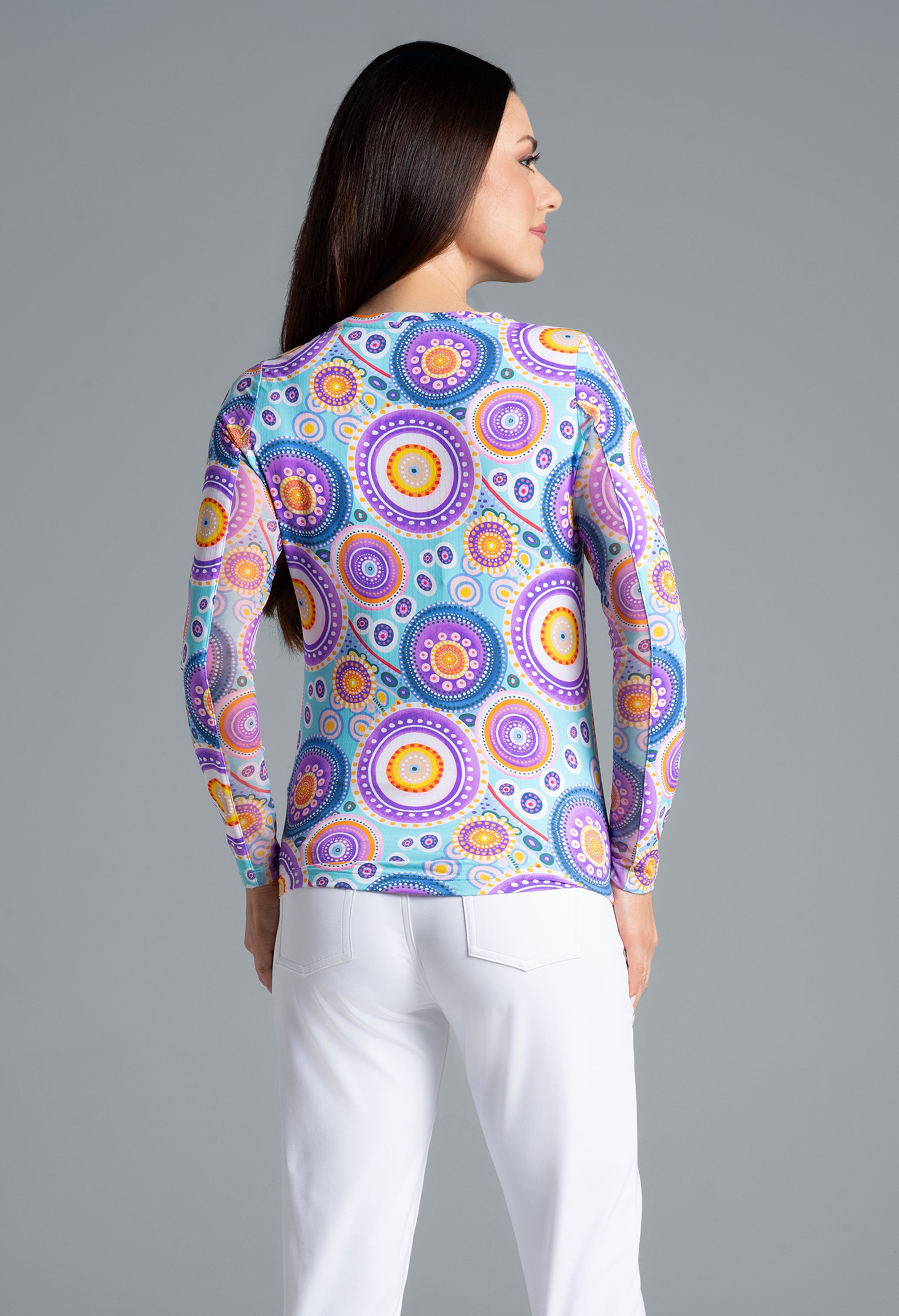 IBKÜL - Leona Print Long Sleeve Crew Neck – 12933 - Color: Seafoam Multi