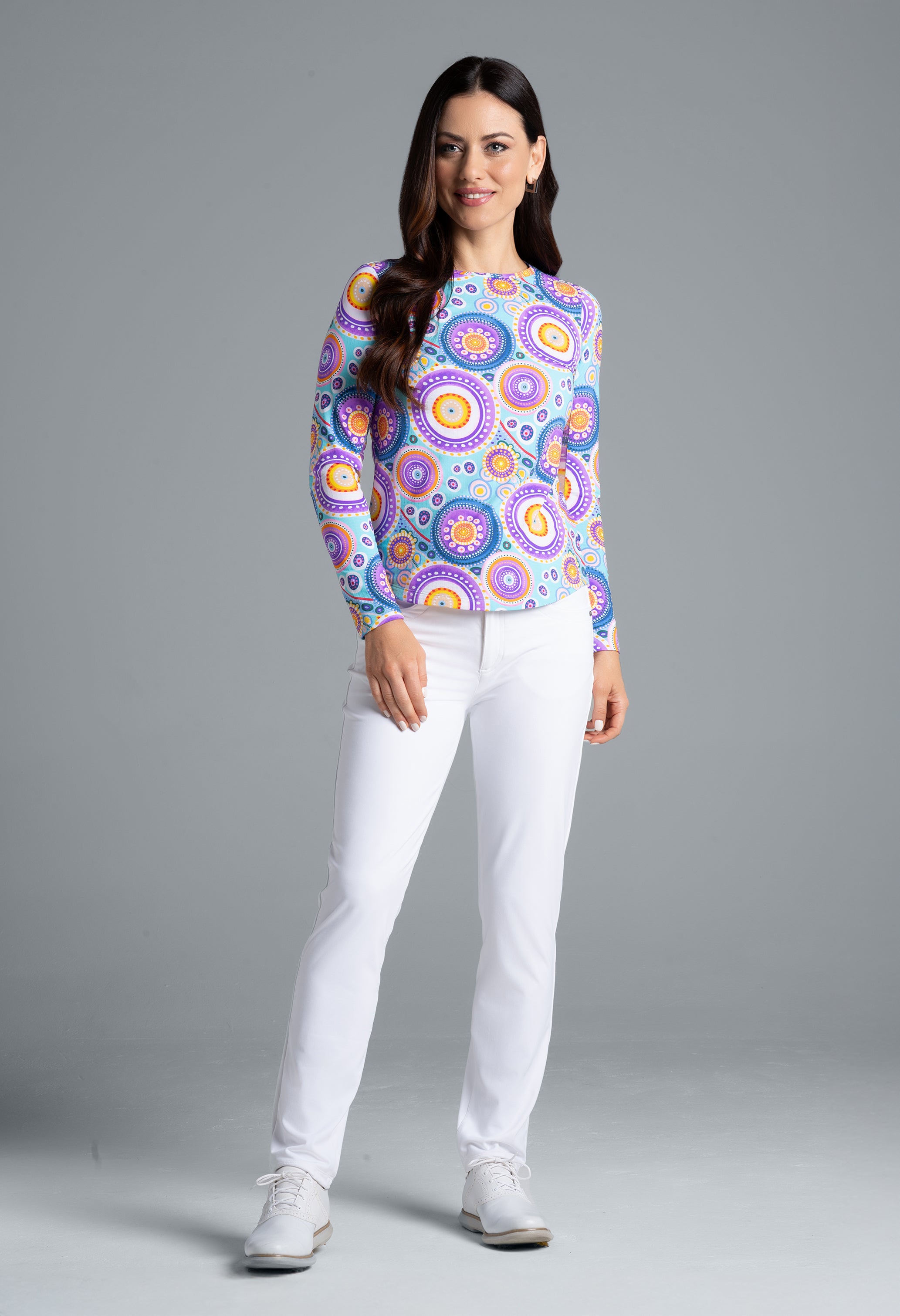 IBKÜL - Leona Print Long Sleeve Crew Neck – 12933 - Color: Seafoam Multi